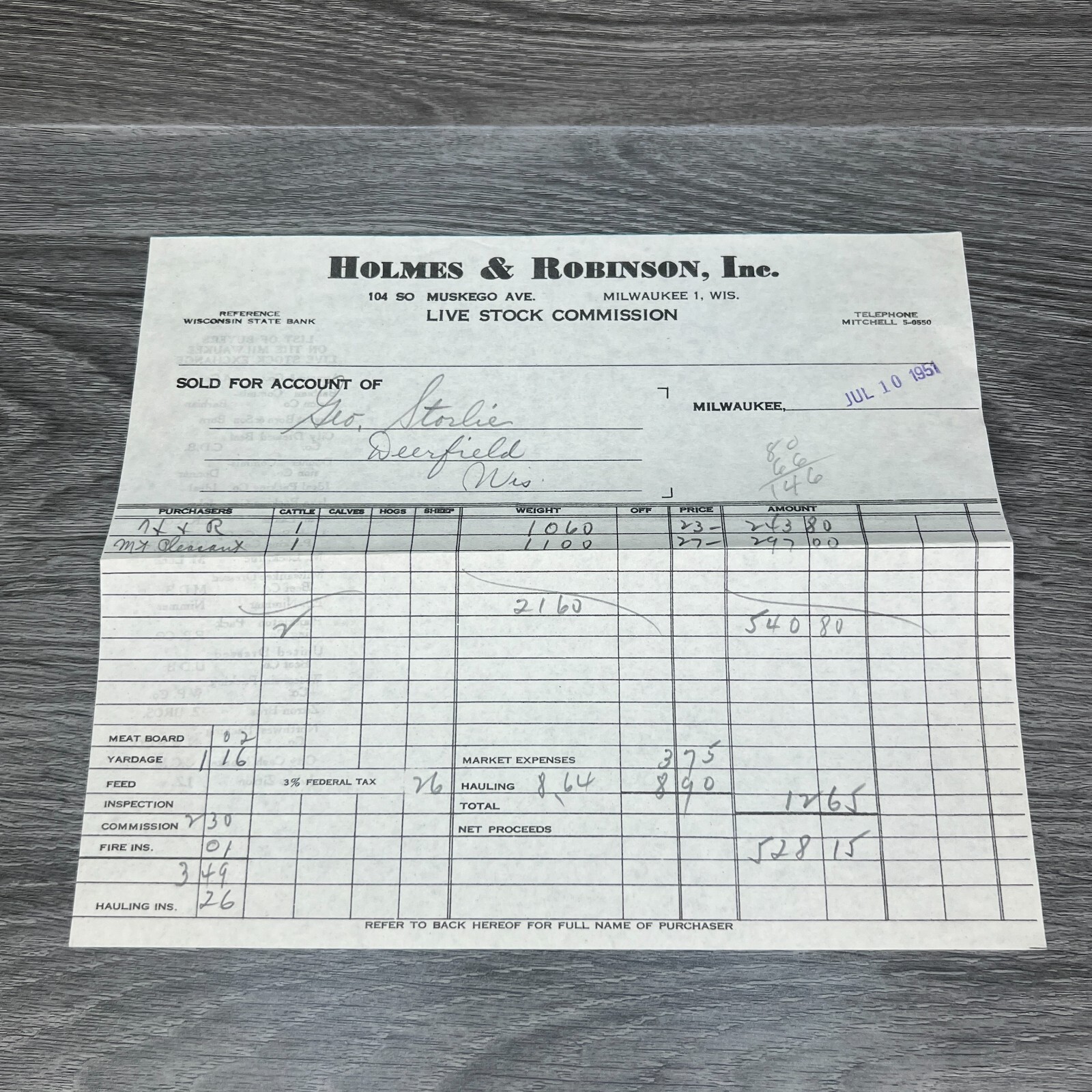 VTG 1940s 50s Booth Brothers WI Live Stock Commission Letter Farm Receipt