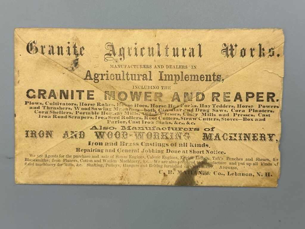 1867 GRANITE AGRICULTURAL WORK Advertise FARM Illustrate Postal Cover LEBANON NH