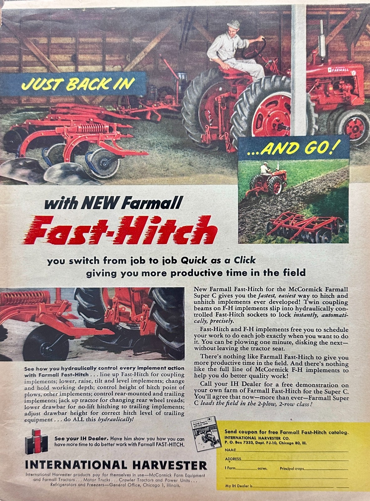 1953 Farmall Fast-Hitch Just Back in and GO! International Harvester AD #N1014