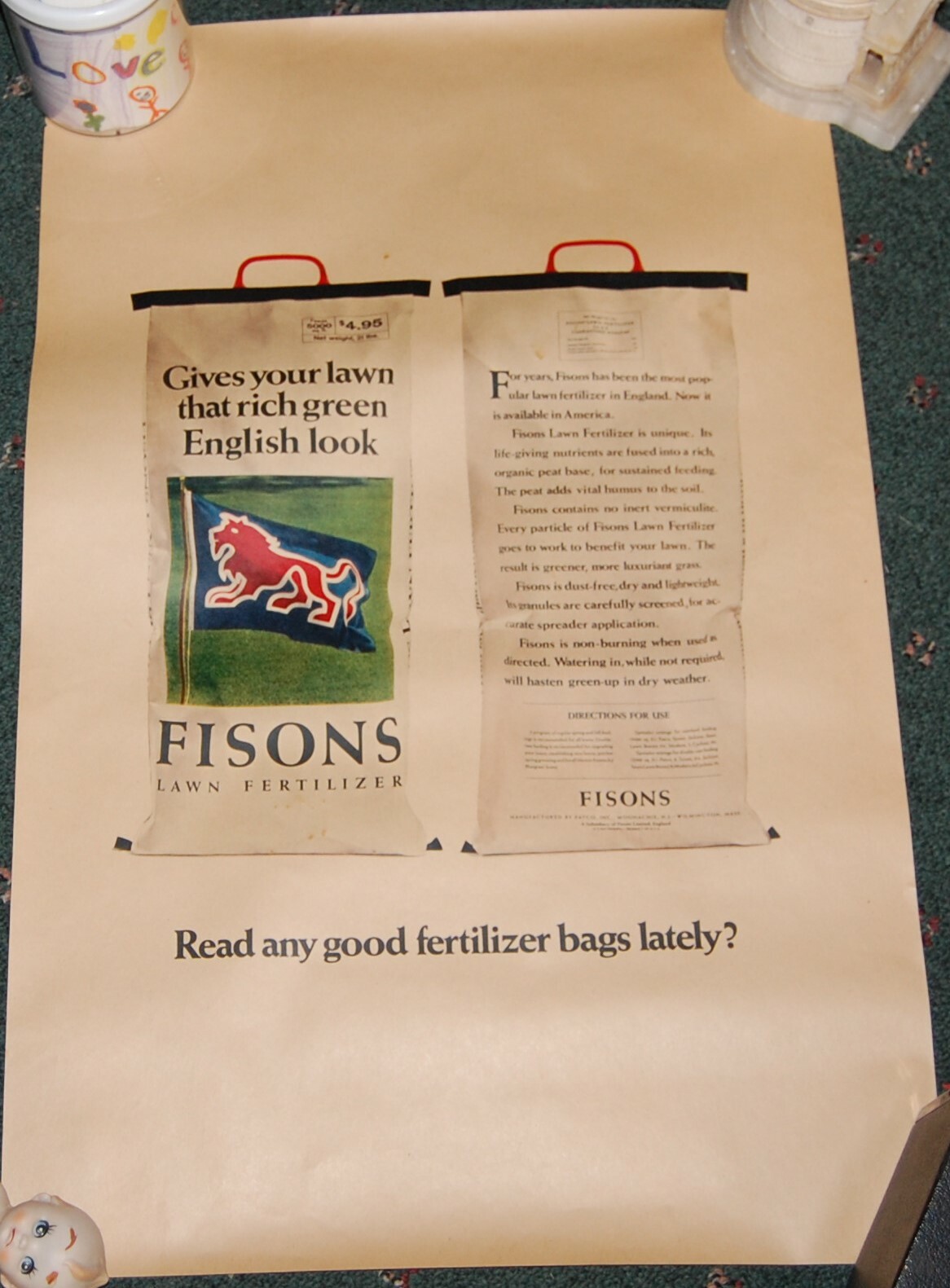 1960s-70s Vintage Advertising Poster for Fison&rsquo;s Lawn Fertilizer 15 x 23 1/2&Prime;