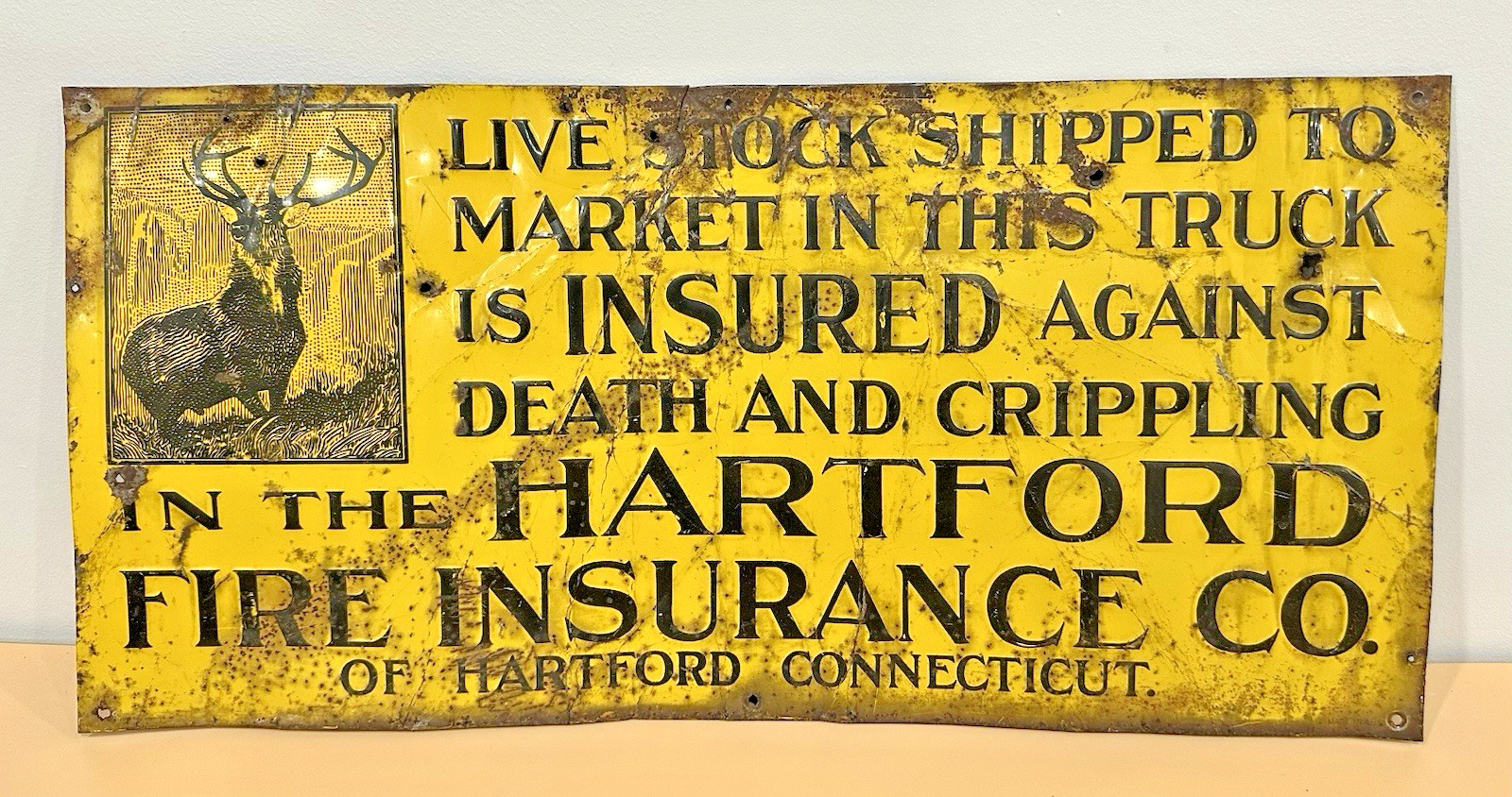 Vintage Hartford Fire Insurance Live Stock Market Metal Sign 23 1/2&Prime; X 11 1/4&Prime;