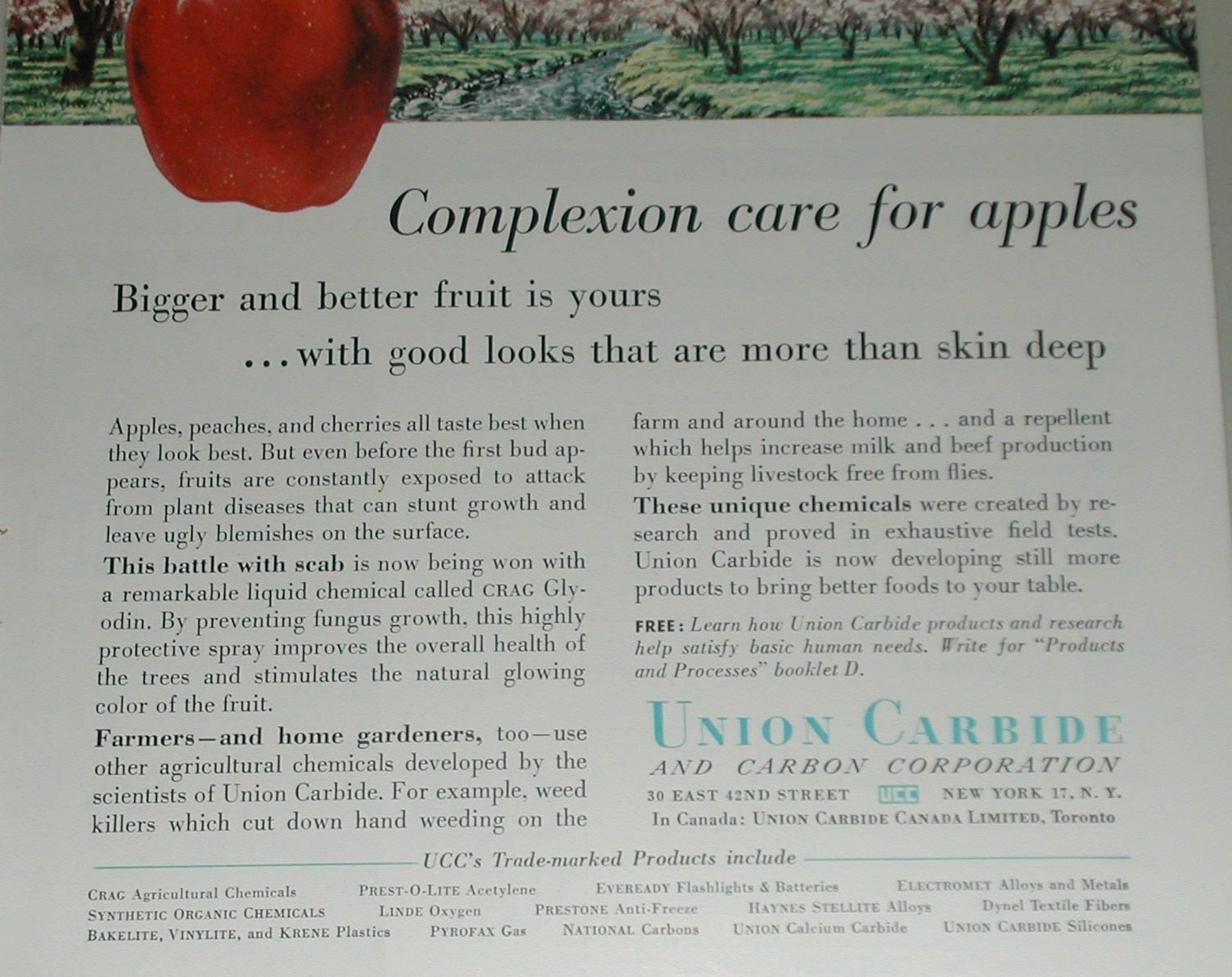 1957 UNION CARBIDE advertisement, Chemicals in food production, pesticides etc