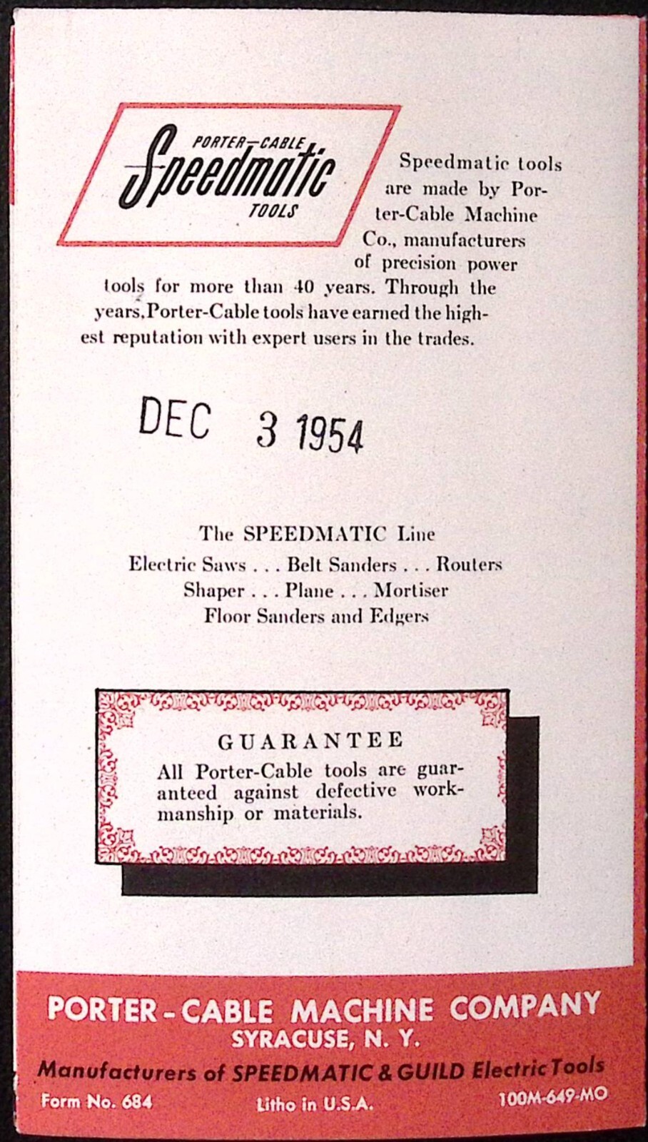 1954 Porter Cable Speedmatic Saws4 Sizes Brochure Porter Cable Syracuse NY