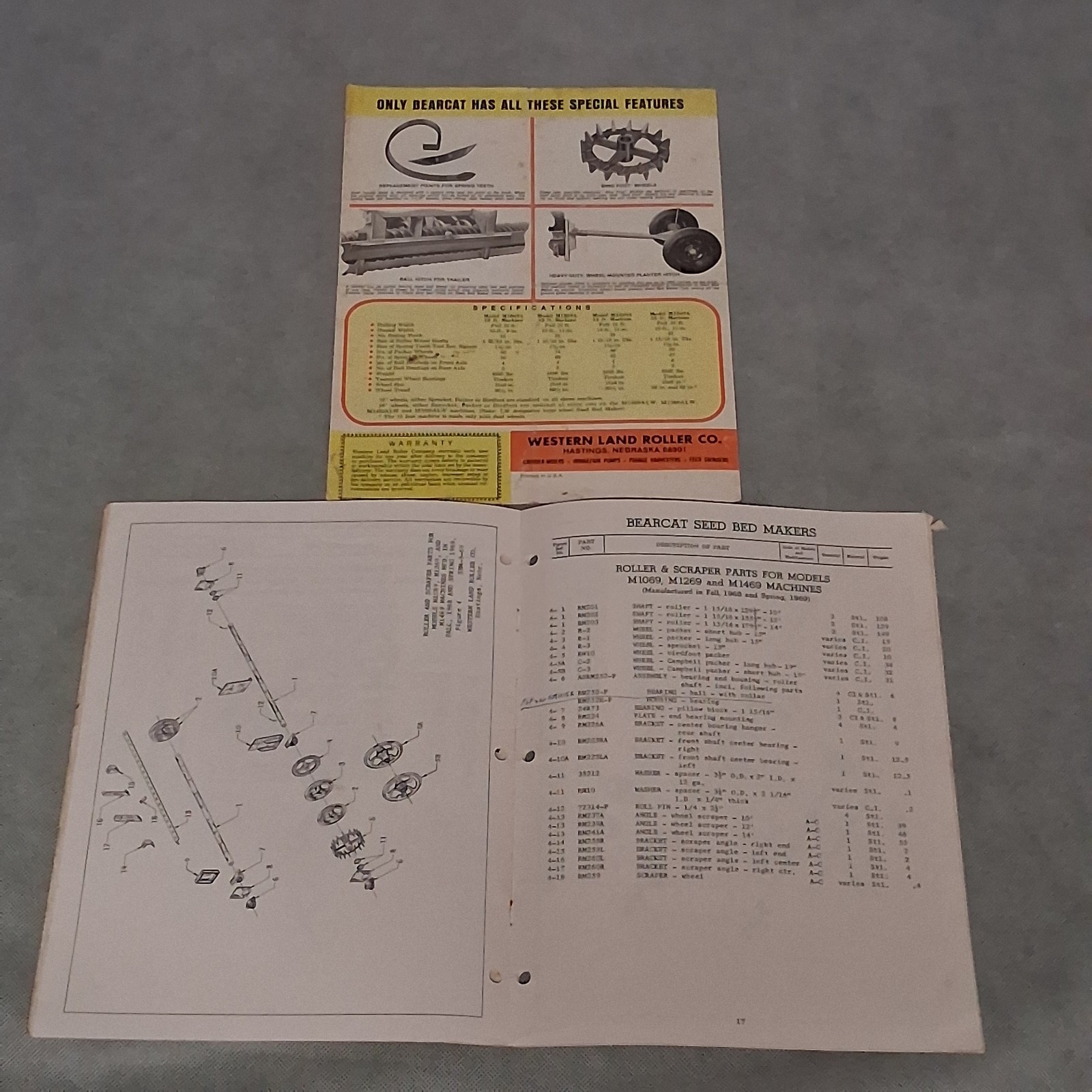 Bear Cat Seed Bed Maker Sales Brochure and Repair Parts List M1069 M1269 M1469