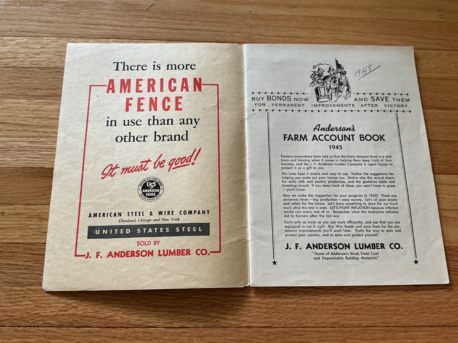 1945 Farm Acct. Record Book – J. F. Anderson Lumber Co. Minnesota, Iowa, Dakotas