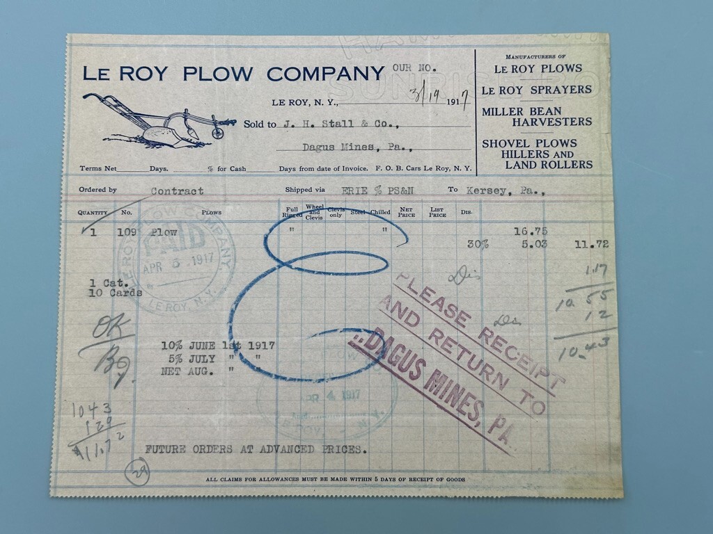 1917 LE ROY PLOW New York FARM Illustrated Invoice Billhead Antique ADVERTISING