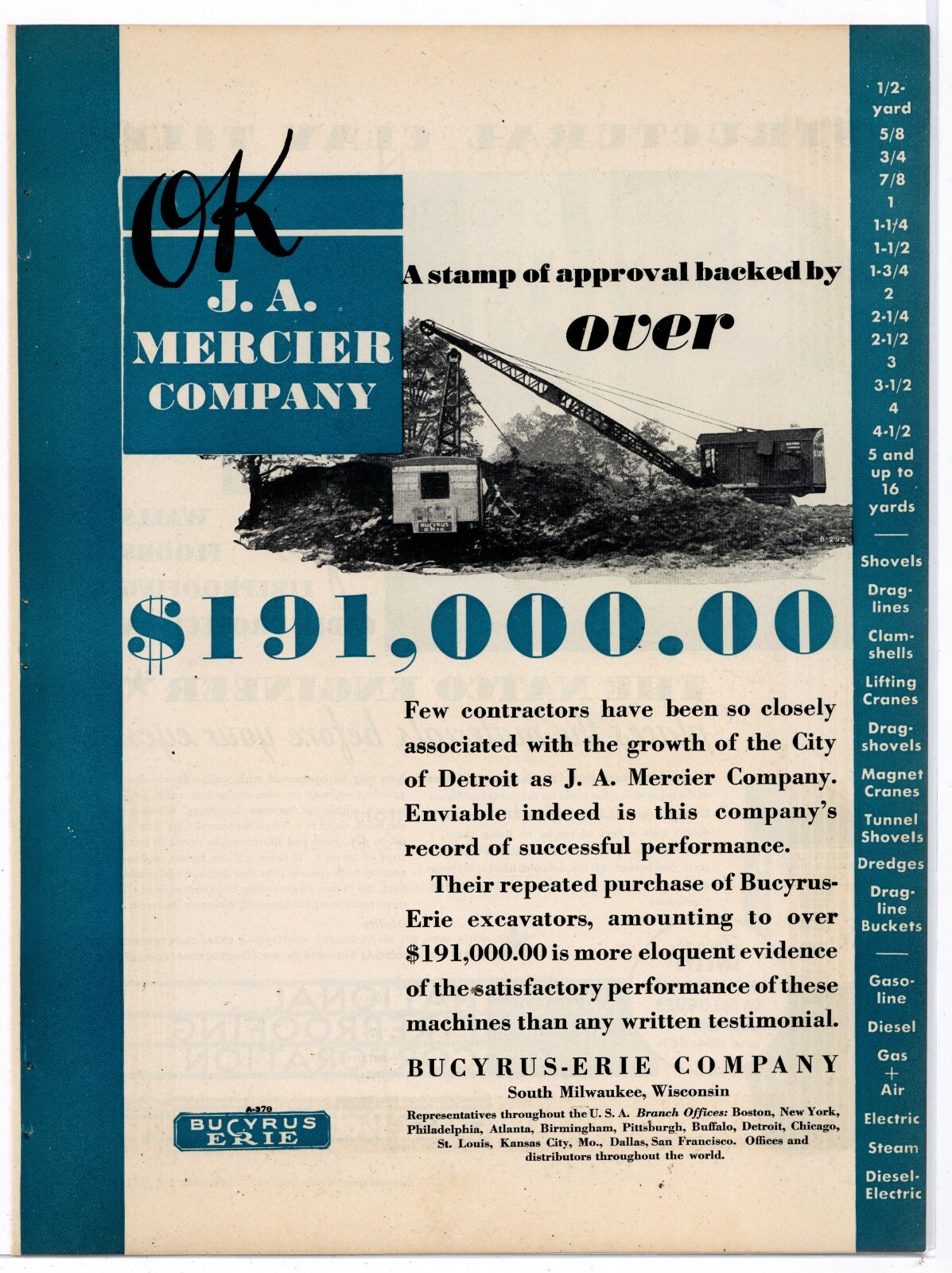 1931 Bucyrus Erie Equipment Ad: J.A. Mercer Co. of Detroit – Repeat Purchaser