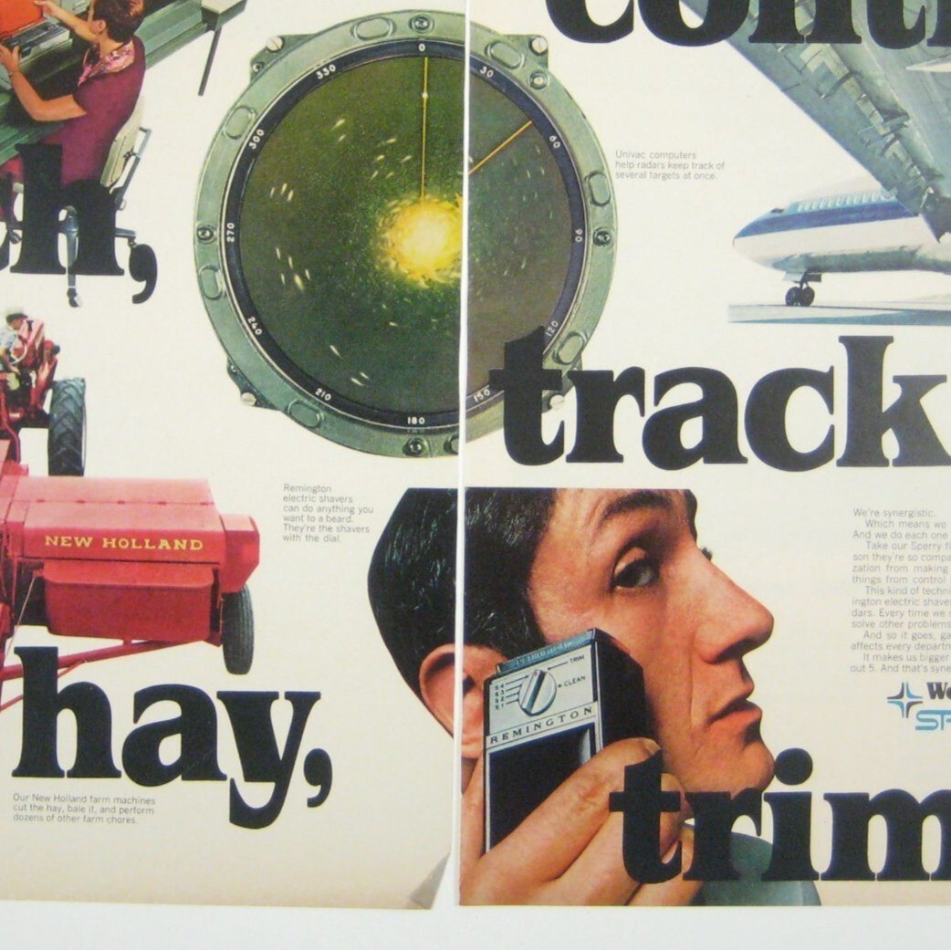 Vintage 1960s Sperry Rand 2 Page Print Ad Razor Airplane New Holland Tractor AD