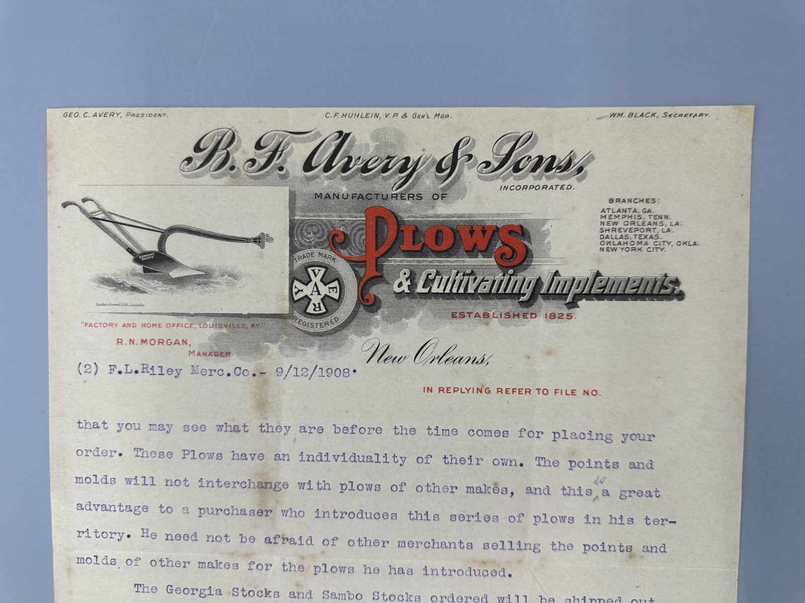 1908 B F AVERY & Sons PLOWS Letter FARM Advertising NEW ORLEANS 2-Page