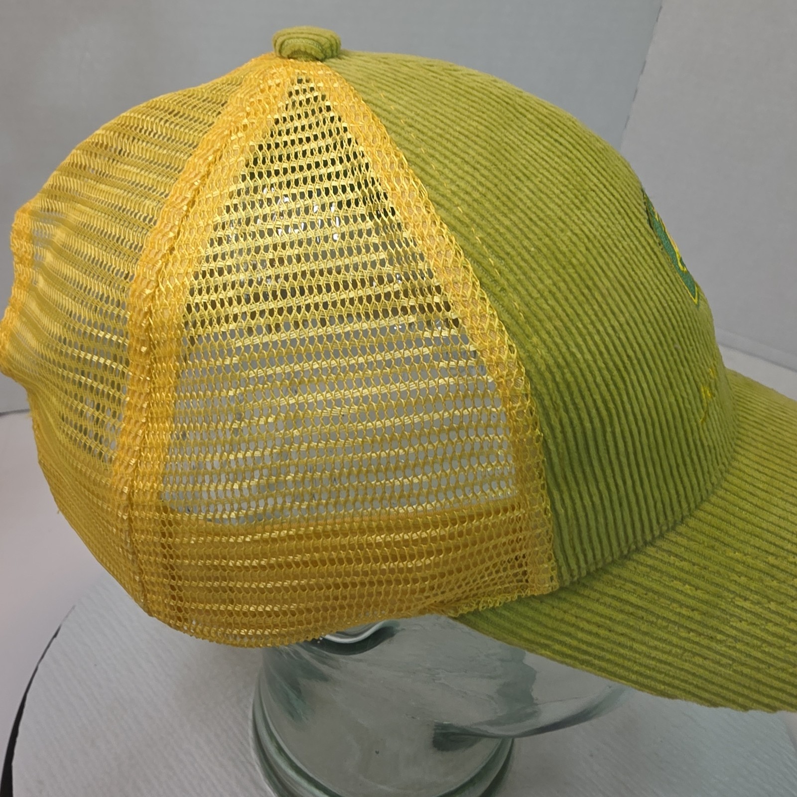 Green/yellow John Deere baseball cap hat knit front mesh back.. Corduroy Snapbac