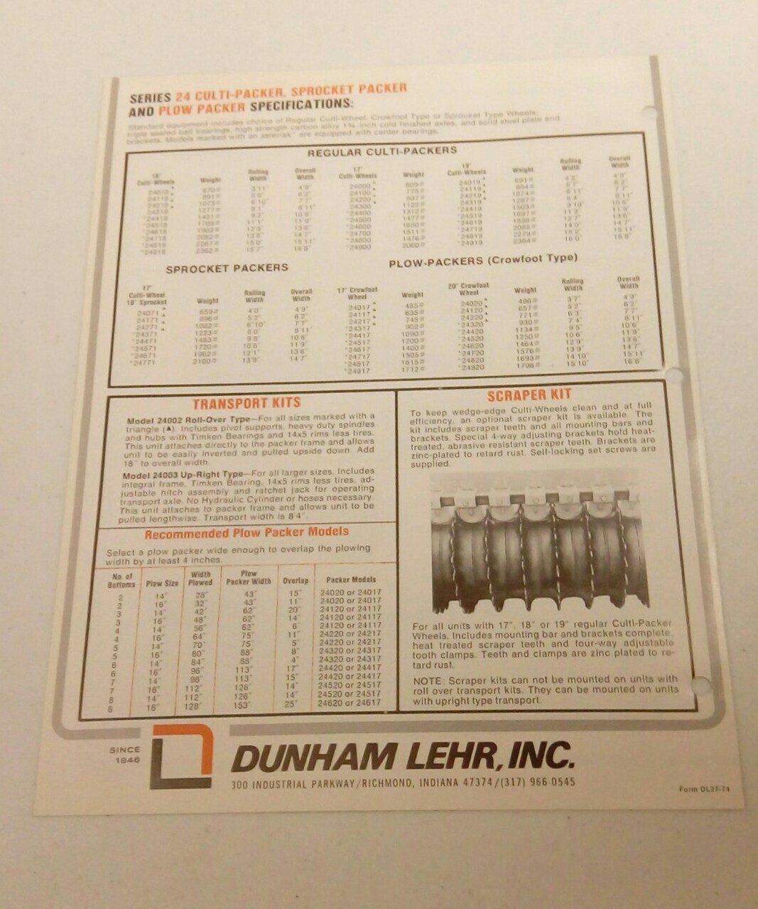 VINTAGE 1974 DUNHAM LEHR CULTI SPROCKET PLOW PACKERS FARM TRACTOR SALES BROCHURE