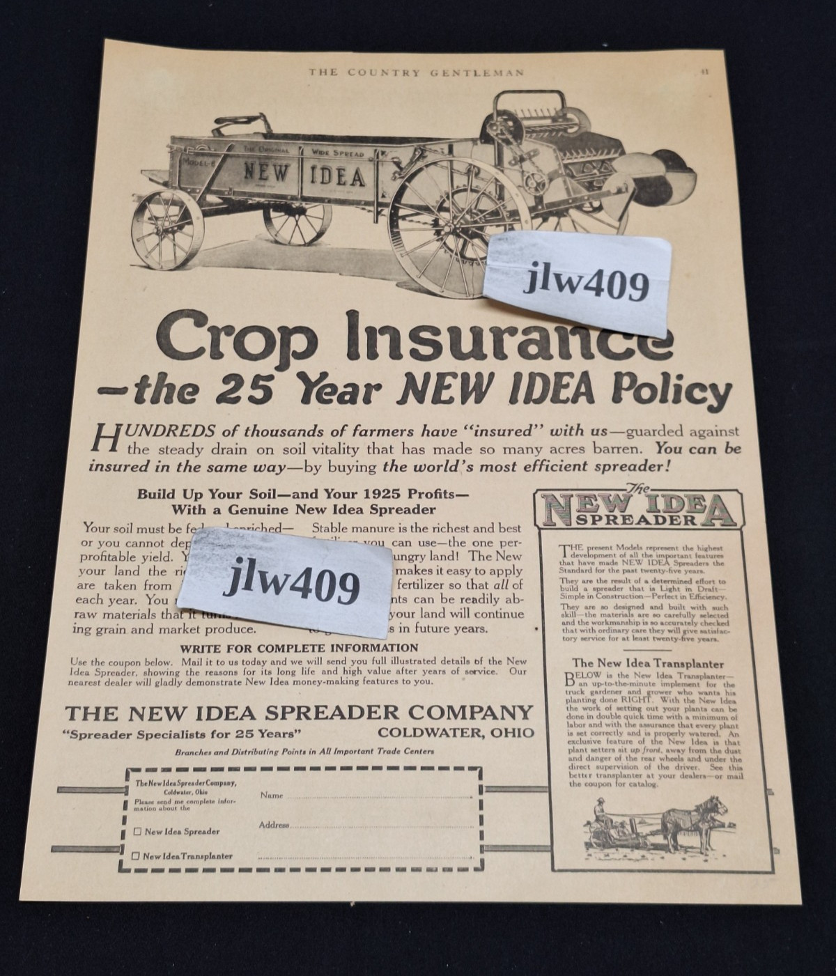 1925 NEW IDEA Original Print Ad Magazine Ad crop insurance 10&Prime;x13&Prime;