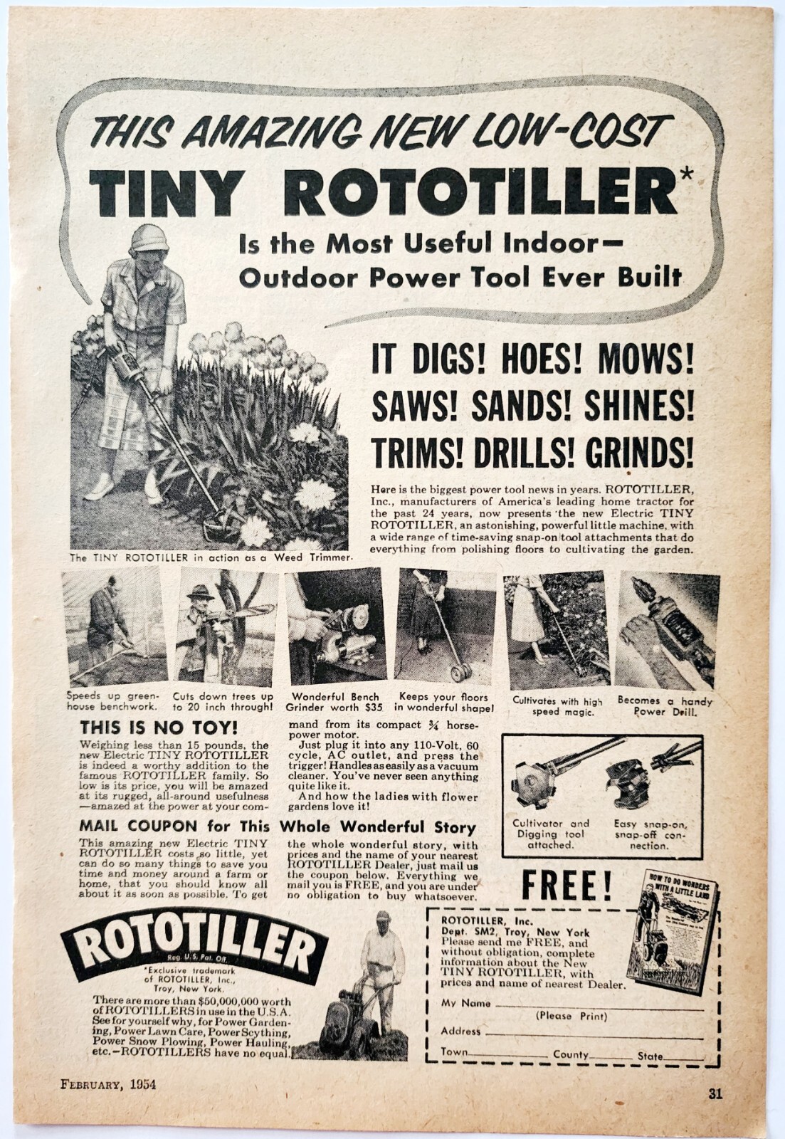 1954 Tiny Rototiller Advertisement Garden Farming Agriculture Tool Vintage DWF27