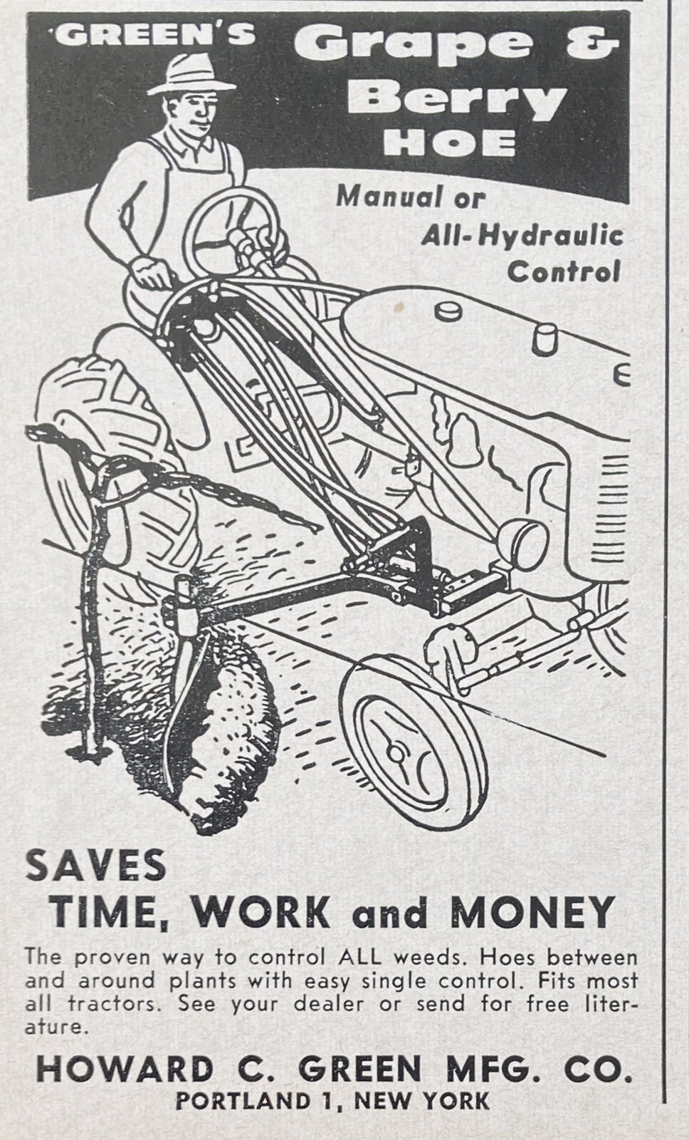 1962 AD.(XG25)~HOWARD C. GREEN MFG. CO. PORTLAND, NY. GREEN’S GRAPE & BERRY HOE