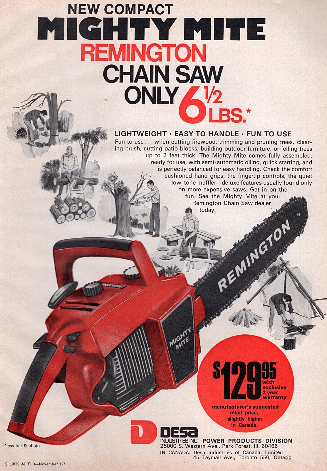 1972 Remington Mighty Mite Chainsaw Original Color Print Ad