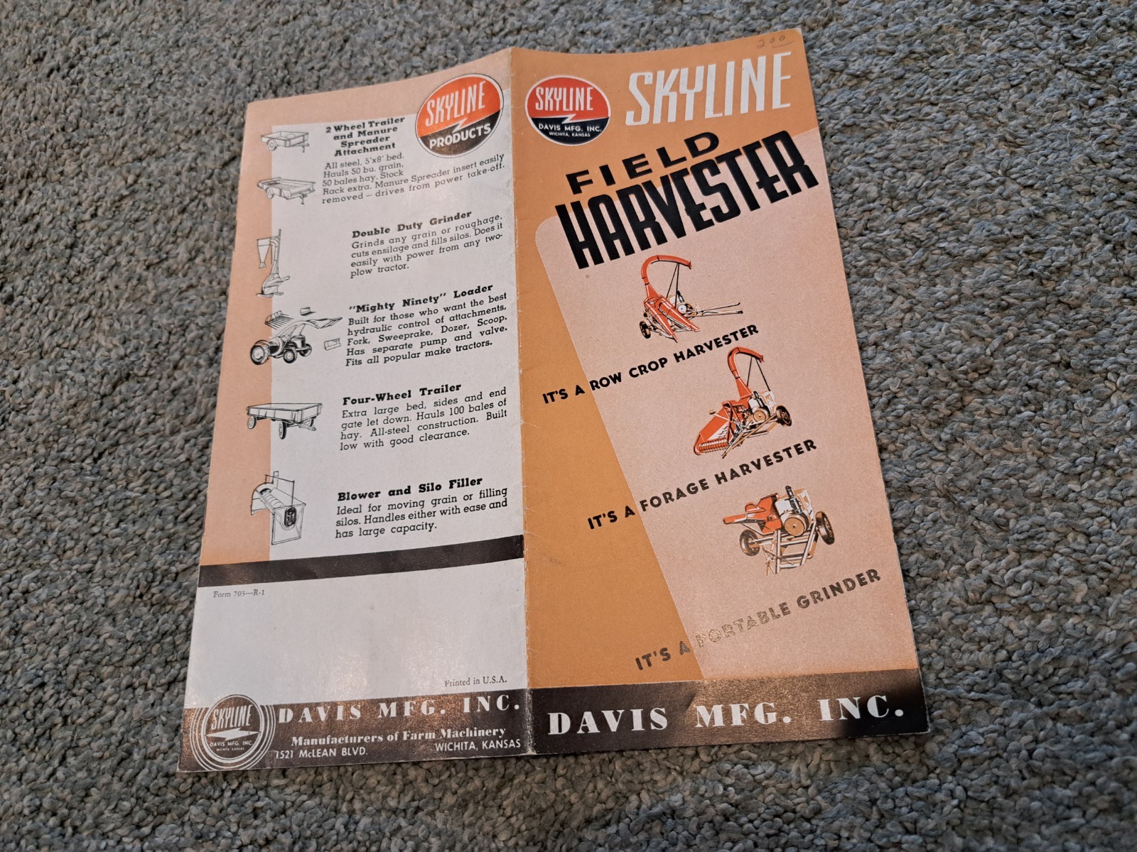 Vintage Brochure for Davis Mfg. Company Skyline Field Harvester