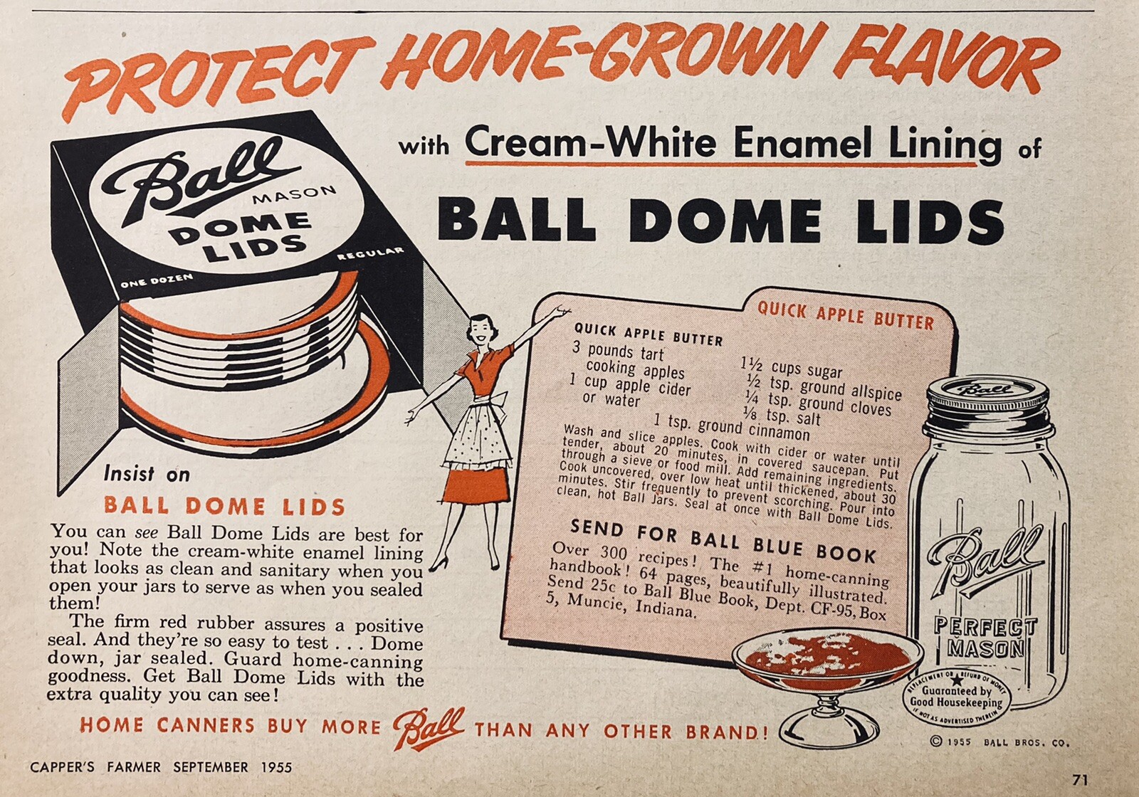 1955 AD.(XH57)~BALL BROS. CO. WHITE ENAMEL LINING DOME LIDS