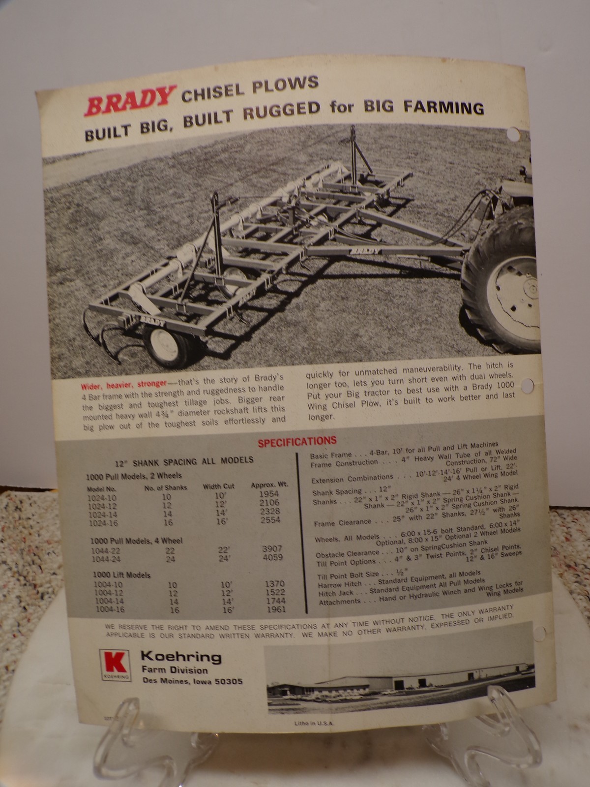 Brady Chisel Plows 1000 Series Koehring Farm Division Brochure Des Moines Iowa