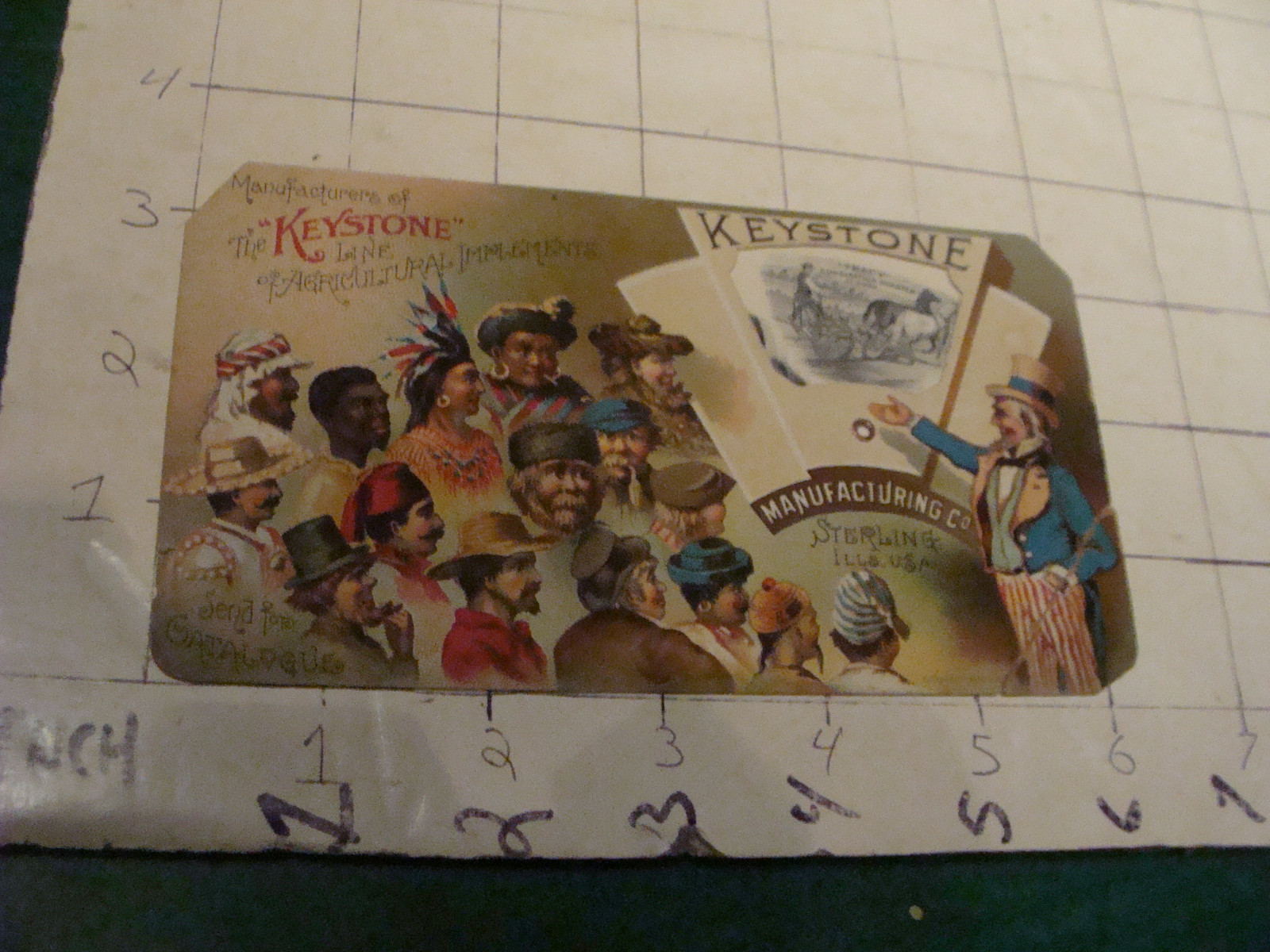 vintage Mechanical TradeCard: KEYSTONE w Farming items; UNCLE SAM showing world