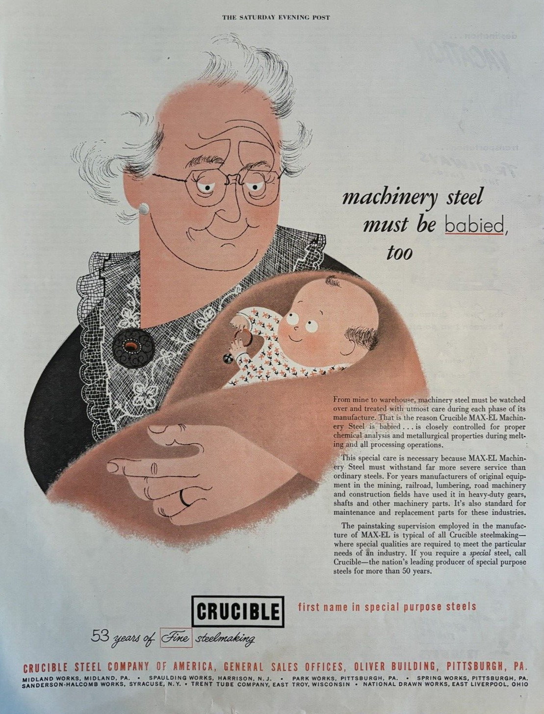 1953 Crucible Steel Company America Pittsburgh Machinery Baby VTG Print Ad