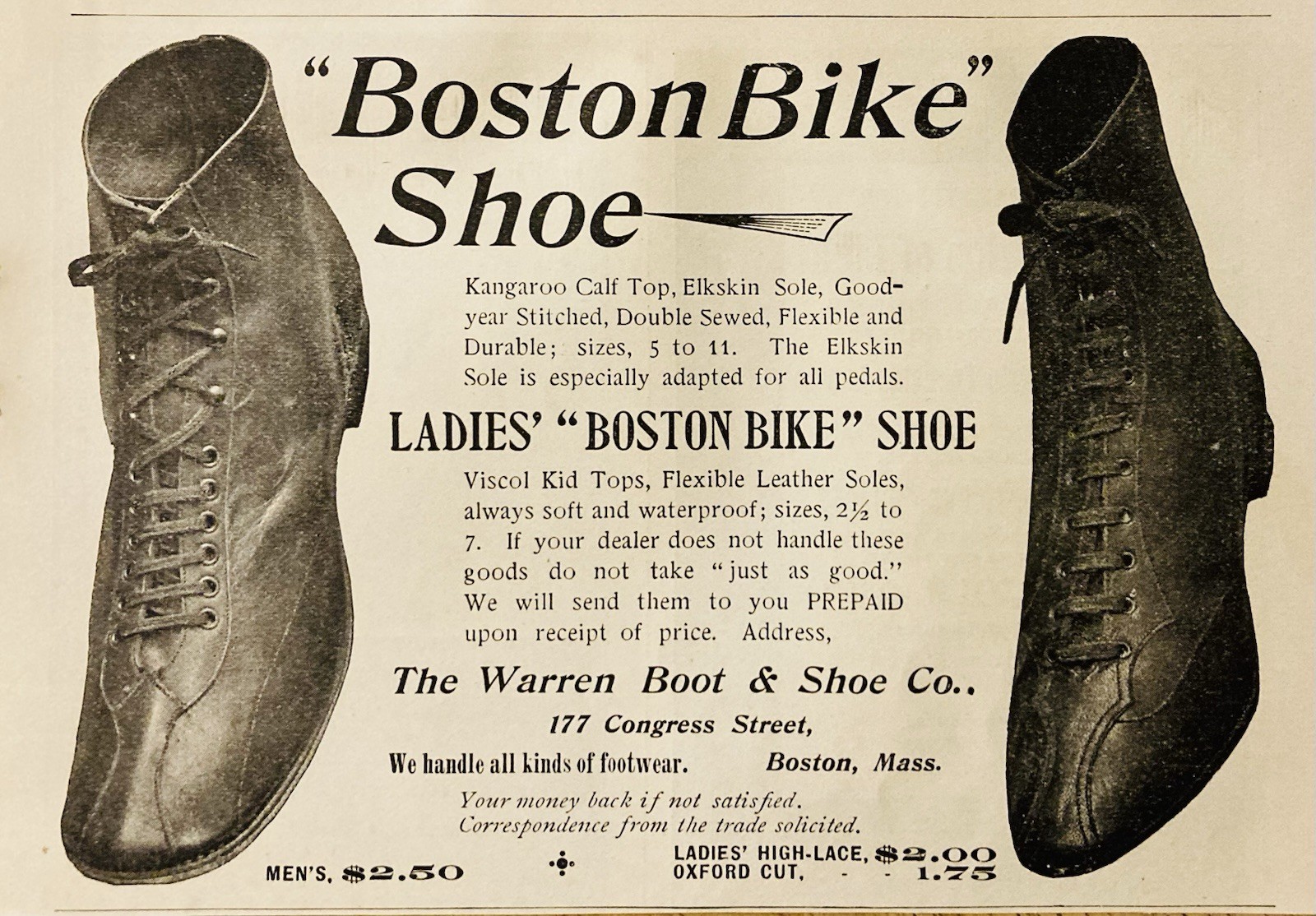1896 AD.(PC10)~WARREN BOOT & SHOE CO. BOSTON. LADIES “BOSTON BIKE” SHOE