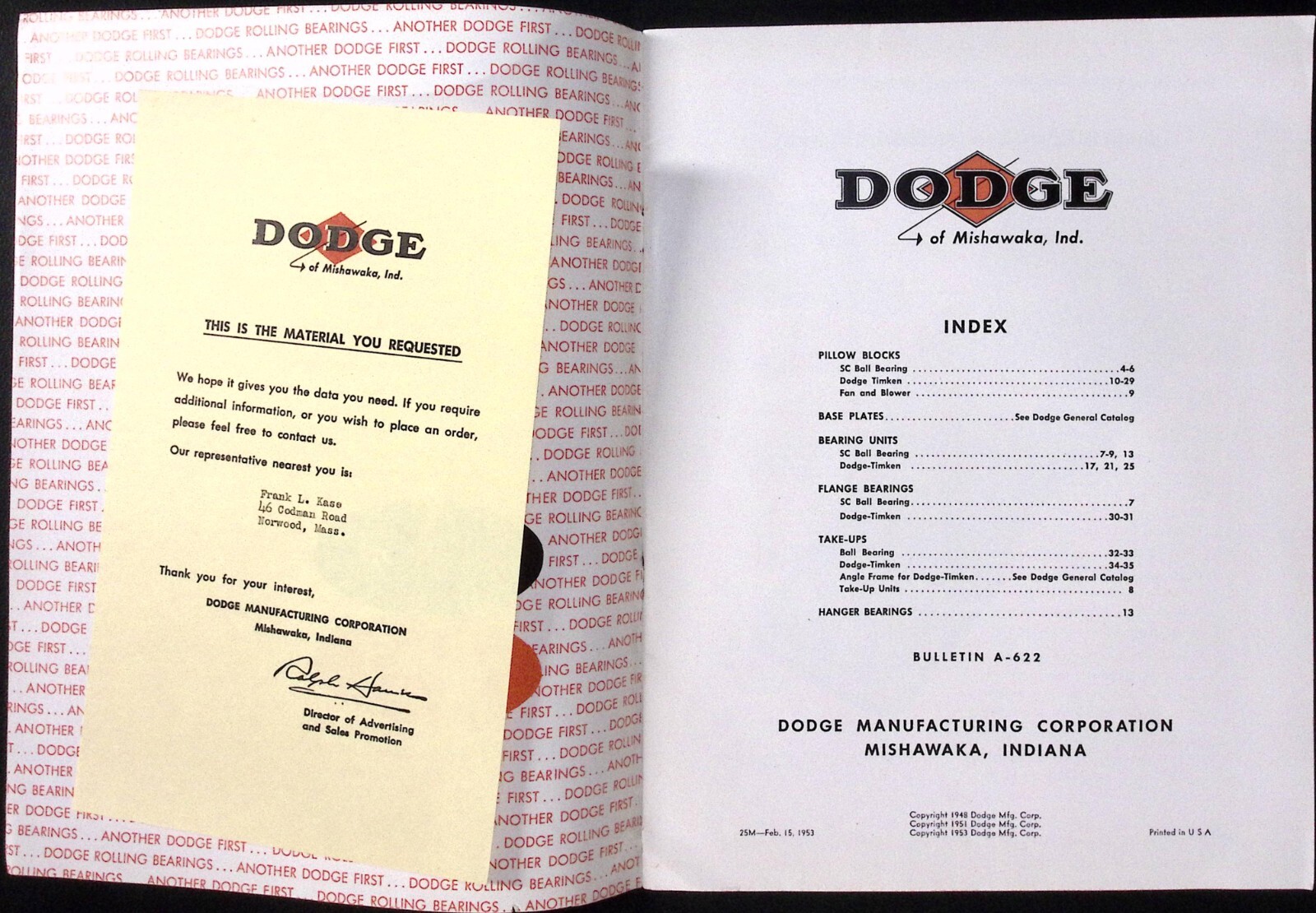 1953 Dodge of Mishawaka IN Rolling Bearings Bulletin A-622