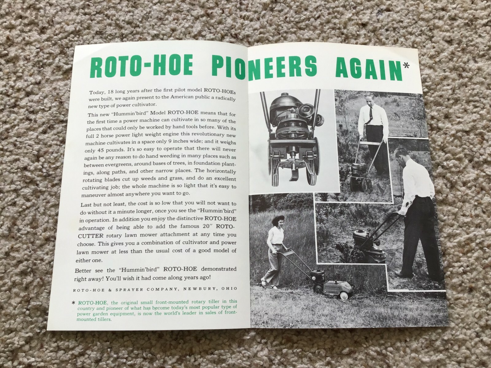1955 Roto-Hoe Garden tools new Hummin bird, sales literature.