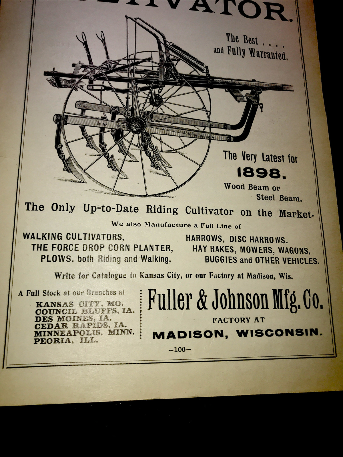 1898 Fuller & Johnson Cultivator Farm Advertising – Madison – Wisconsin