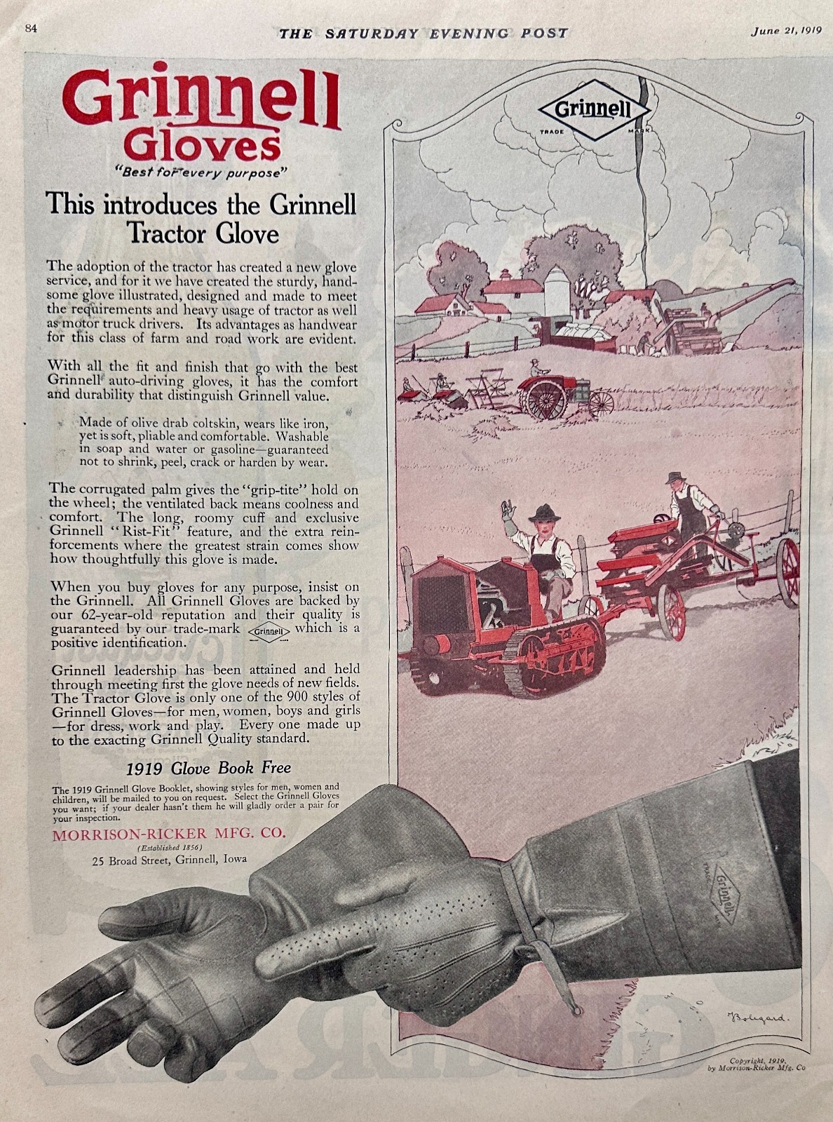 1919 Grinnell Tractor Gloves – Grinnell, Iowa – Crawler Type Tractor Ad #1930