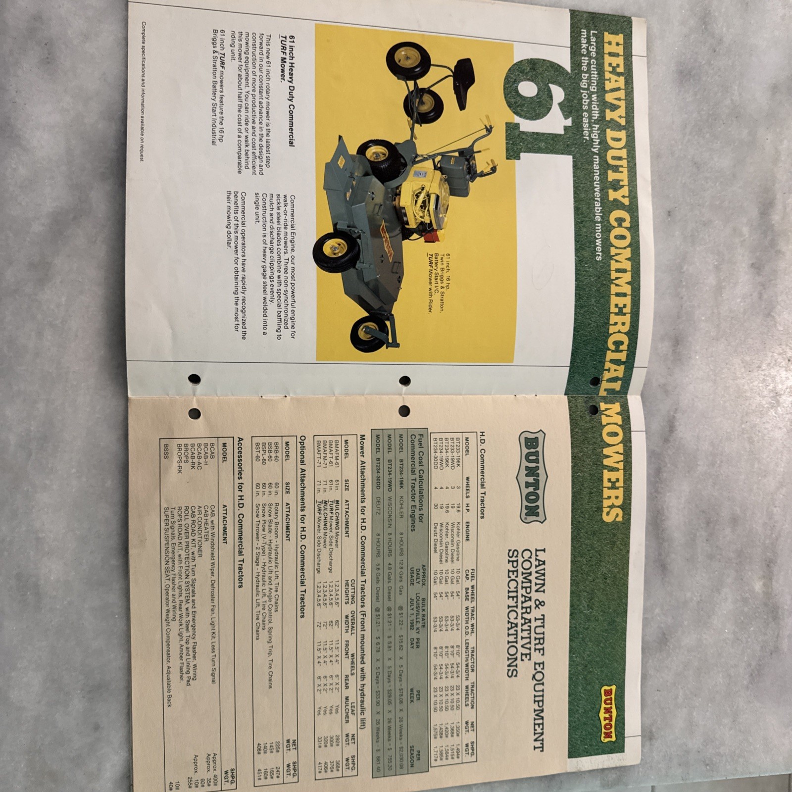 Two Bunton Lawn & Garden Commerical Mower Brochures Lawn Yellow Green 61, 52, 36