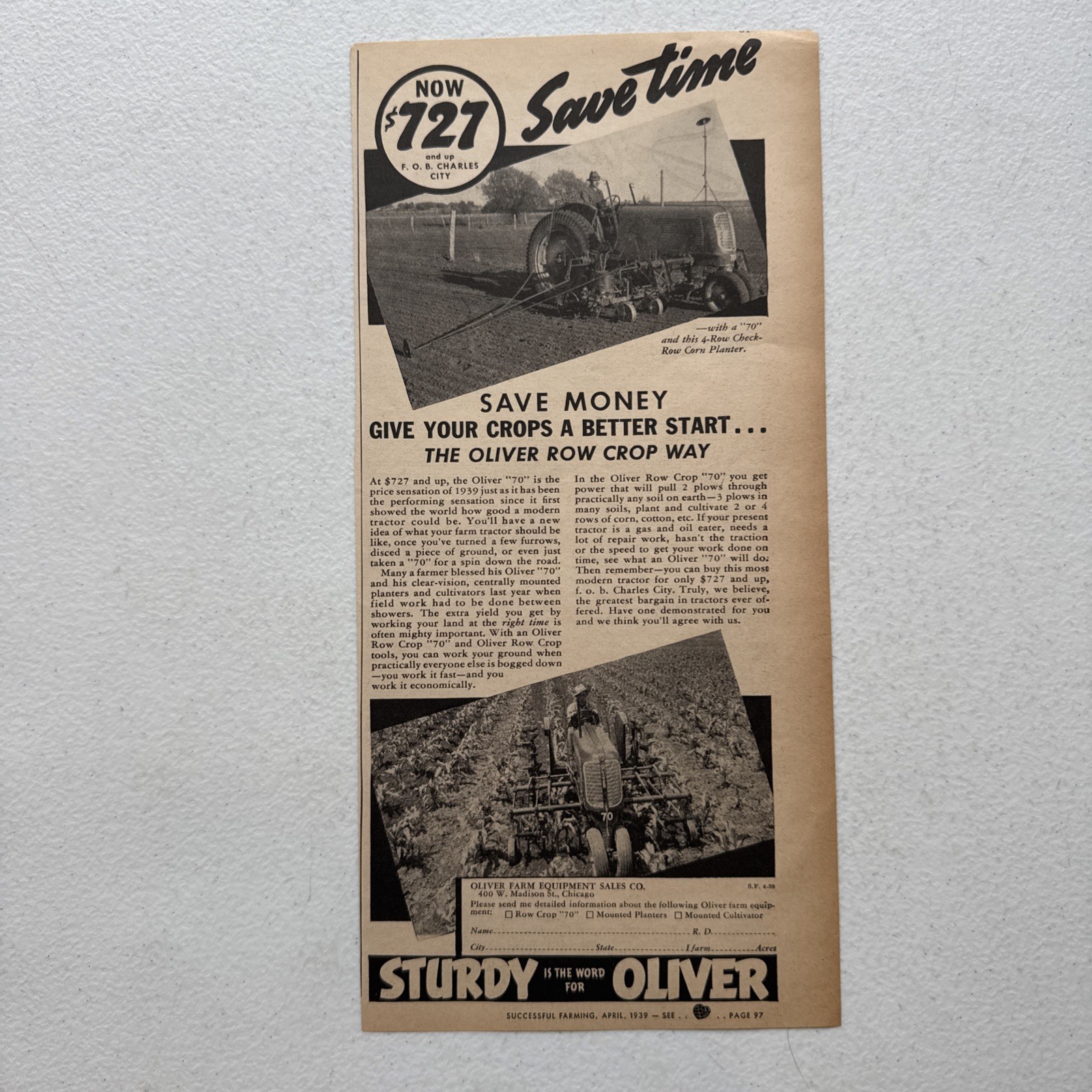 Oliver Farm Equip Co. Row Crop Planter Successful Farming 1939 Advertisement