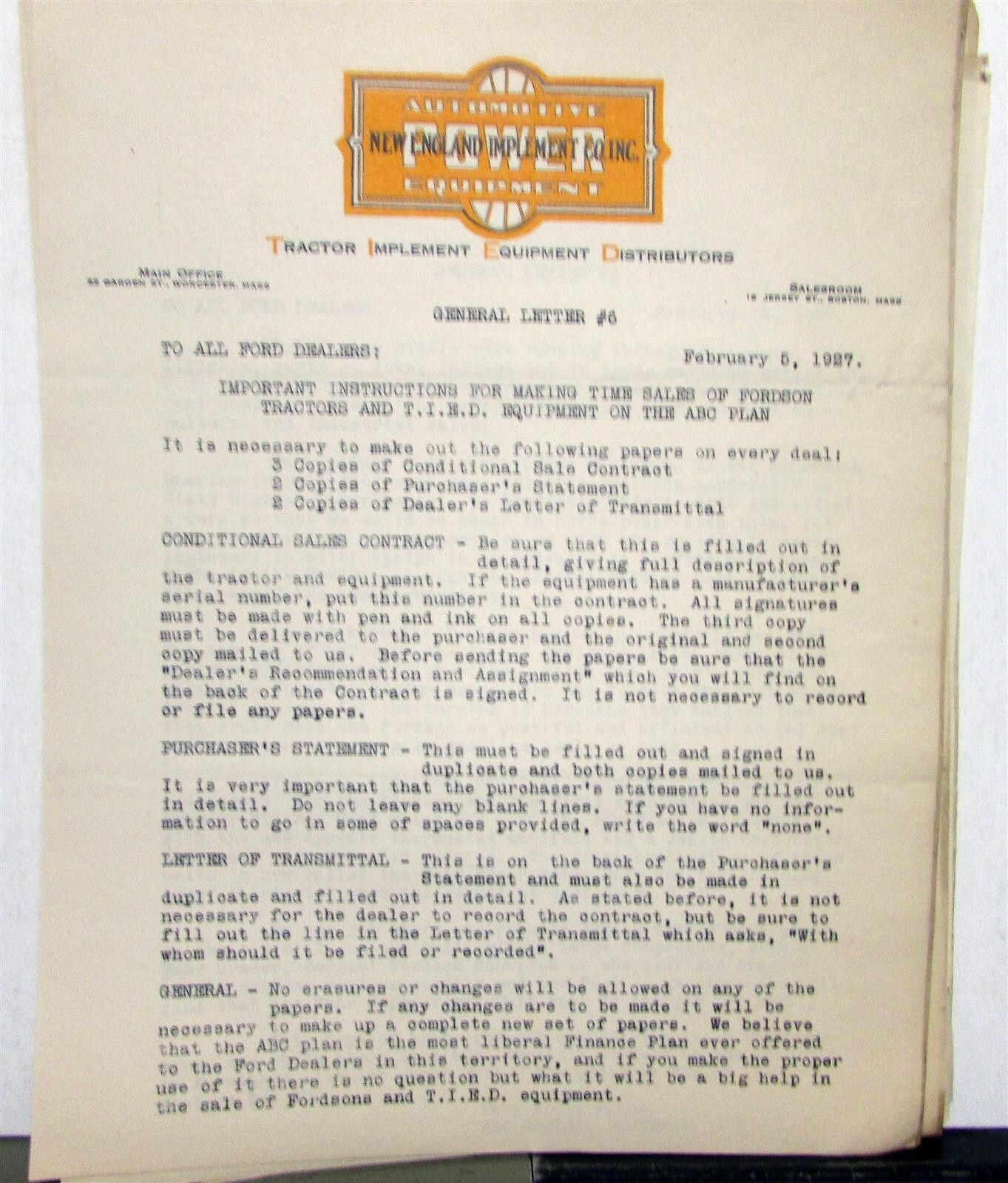 1927 Ford Original General Dealer Letters Pricing Info Specifications Sheets
