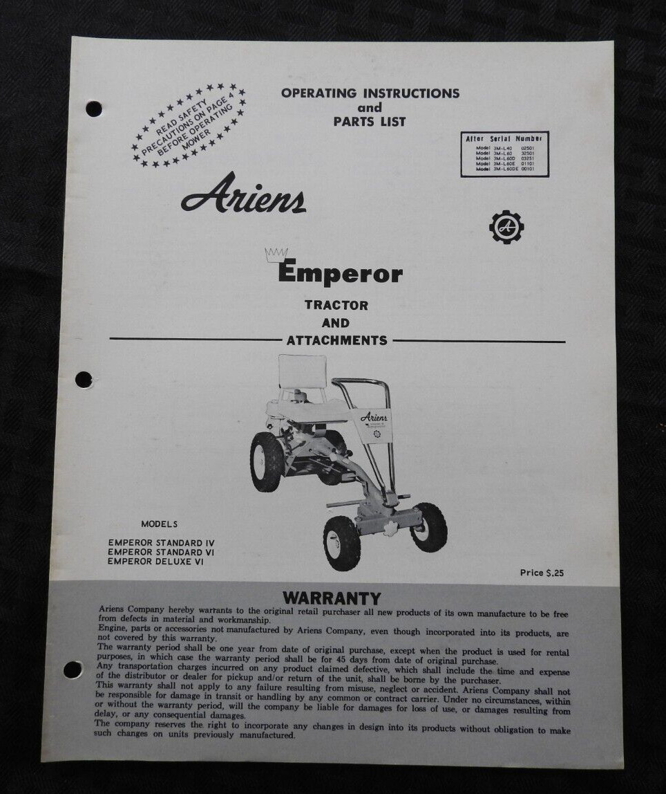 ORIG 1964 ARIENS Emperor 6 Riding Lawn Mower Tractor Parts Operators Manual