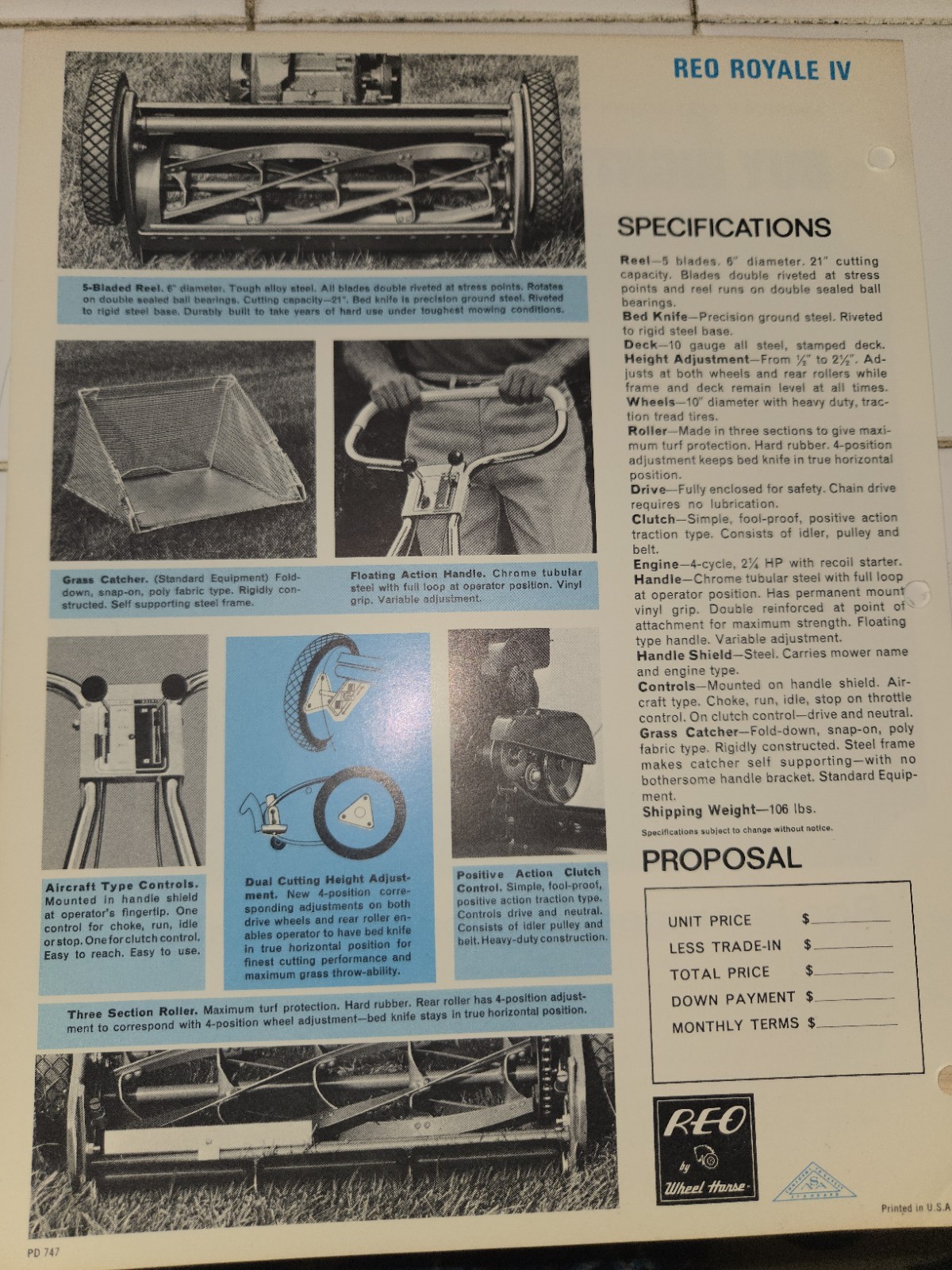 1960s REO WHEEL HORSE ROYALE IV DEALER AD WITH SPECIFICATIONS DOUBLE SIDED