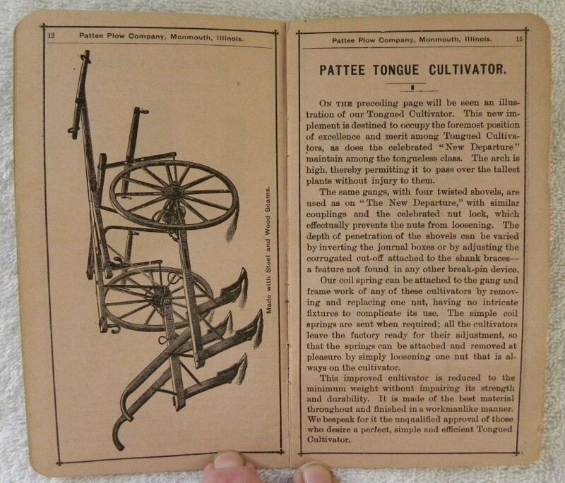 1890 New Departure Two Horse Cultivator, Pattee Plow Co., Monmouth IL Booklet