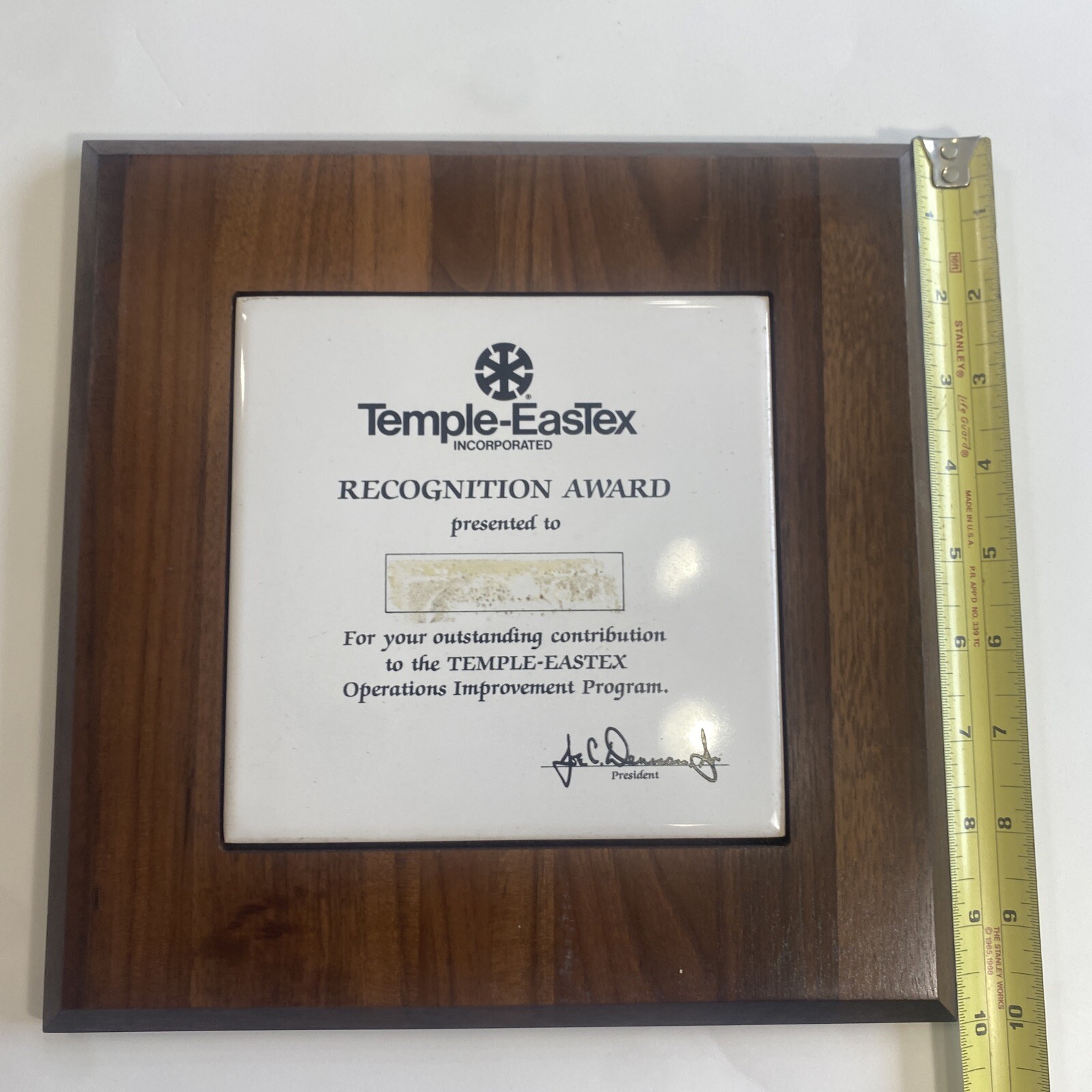 Vintage Temple EasTex Diboll Texas Recognition Award Plaque Wood Ceramic