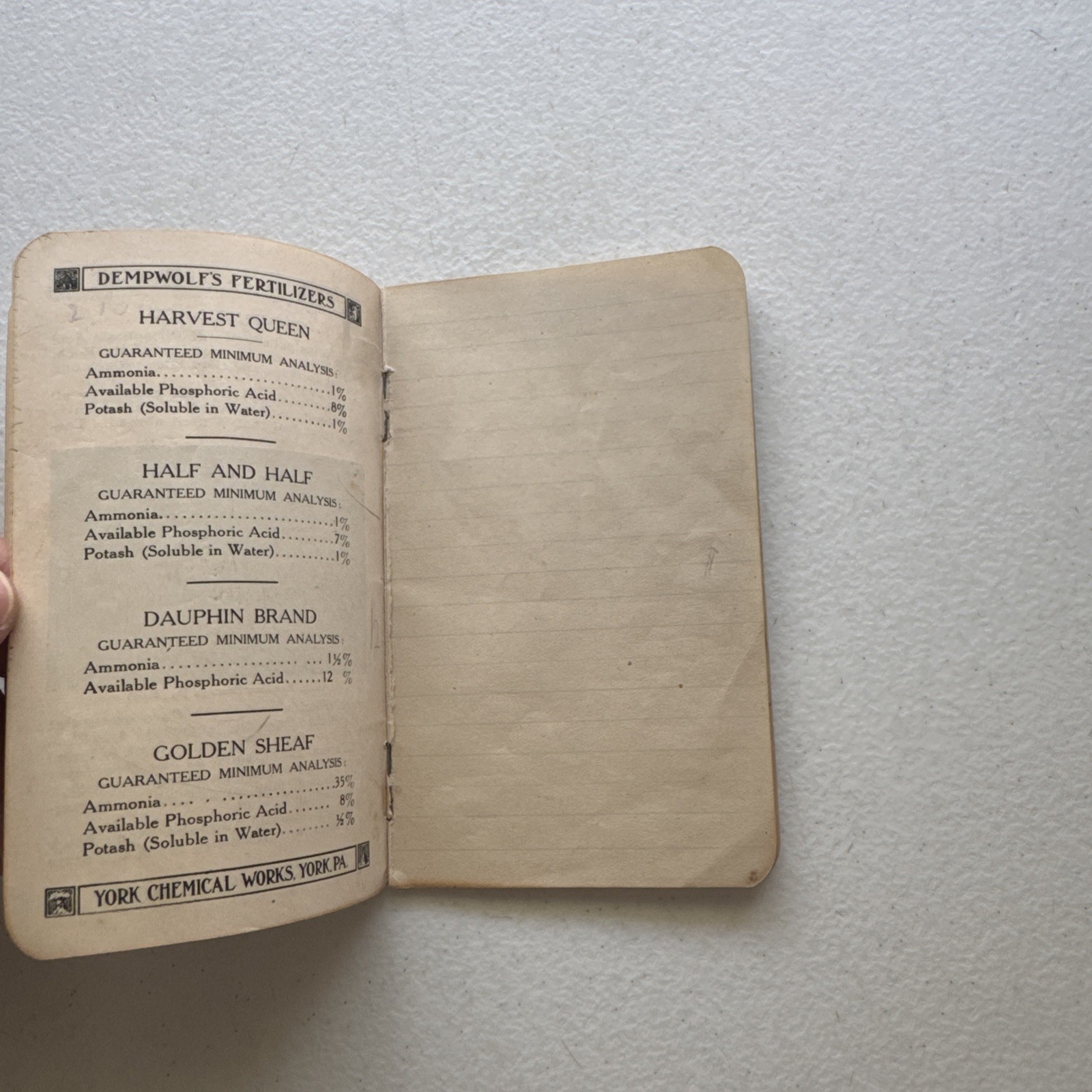 1917 Dempwolf&rsquo;s Fertilizers York Chemical Works York, PA Announcement Book