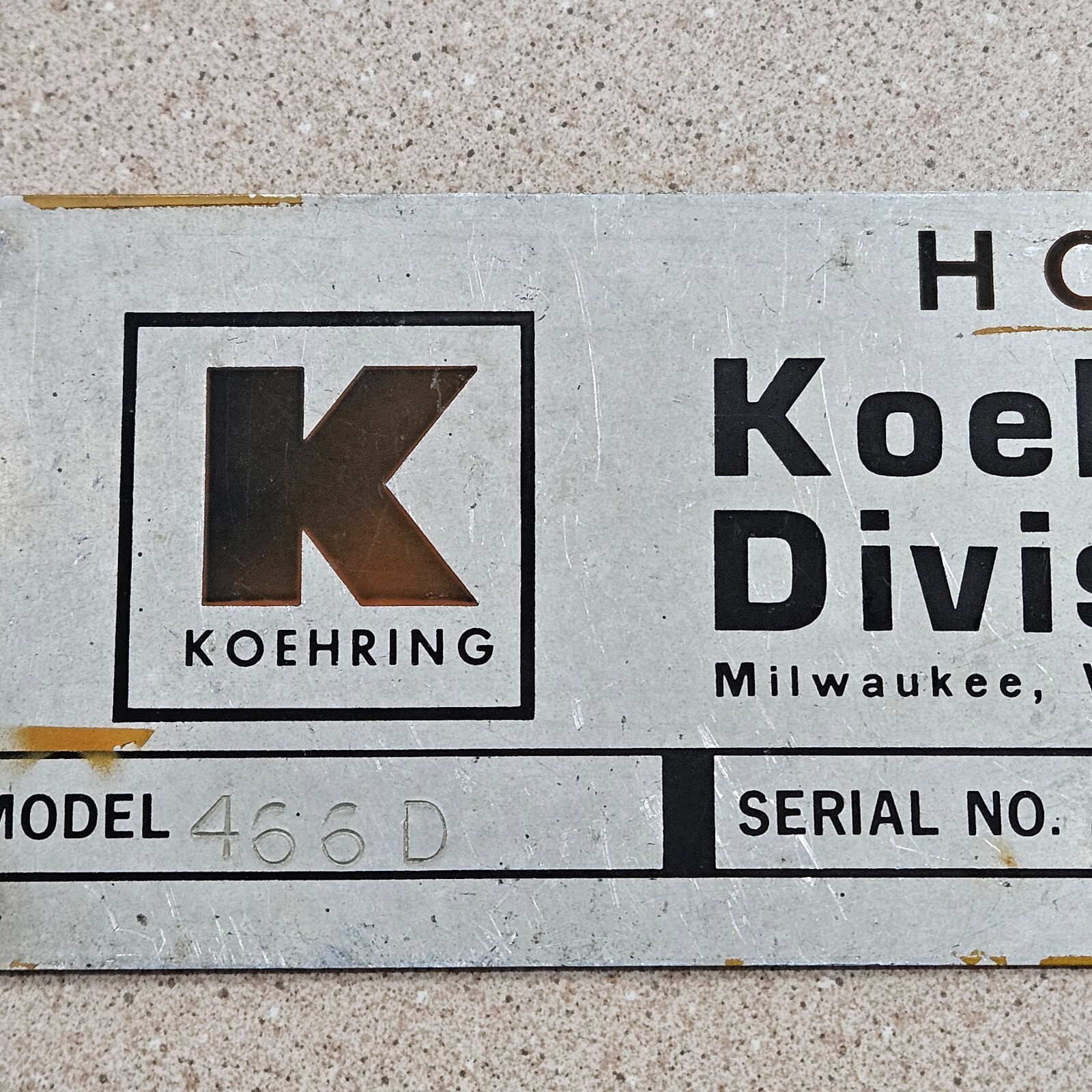 Vintage Koehring Division Milwaukee Excavator Backhoe Metal Data Sign Name Plate
