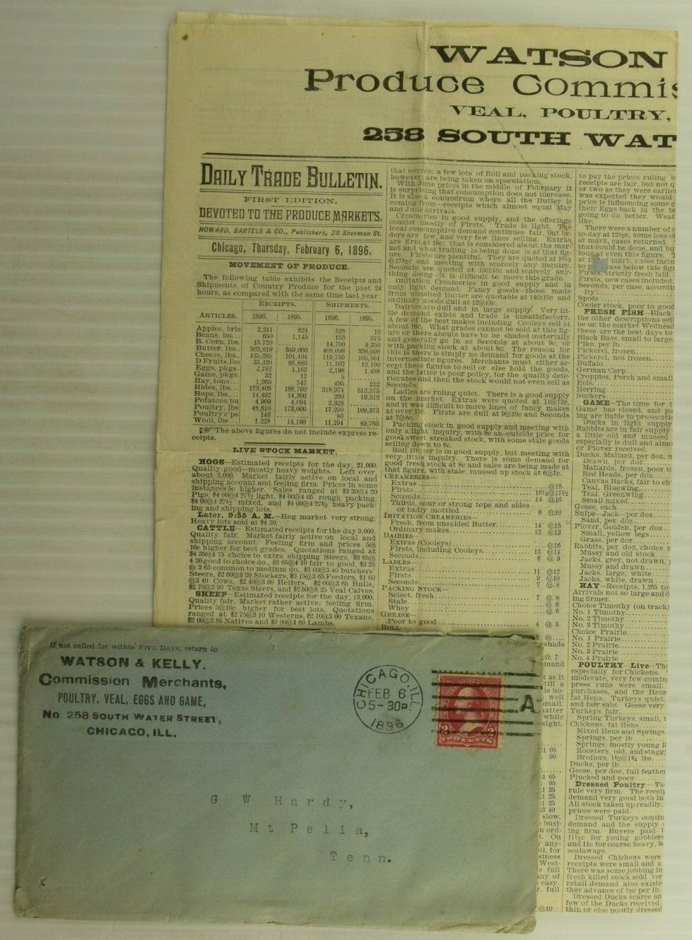 1896 Watson & Kelley Commission Merchants Chicago, IL Newspaper Flier