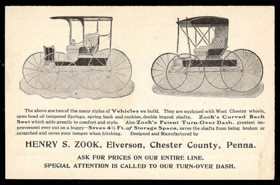 1904/05 ELVERSON, PA ~ Zook BUGGY, WAGON, SLEIGH, & AUTO MAKER TRADE CARD TC1027