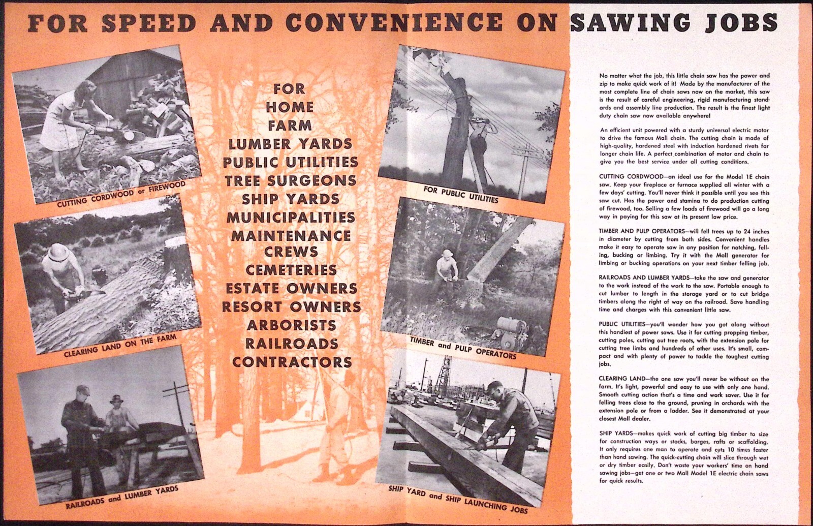 1952 Mall Tool Co Model 1E12 Electric Hand Chain Saw Dealer Brochure