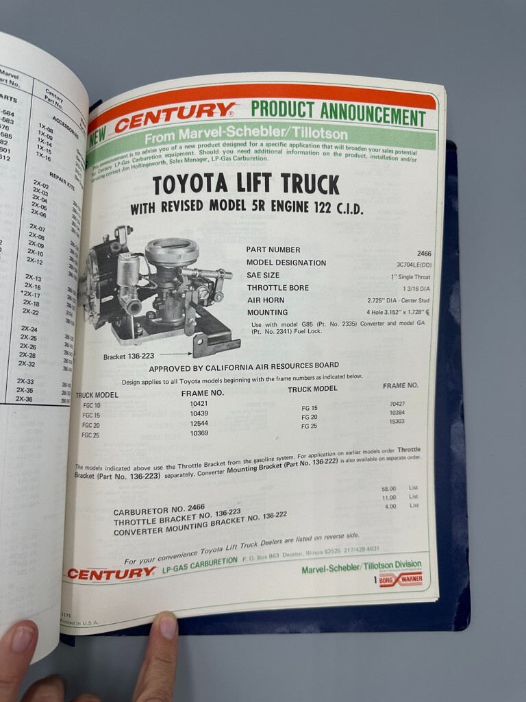 1970 Century LP Gas Carburetion ALLIS CHALMERS LIFT Ford Pinto Manual Catalog