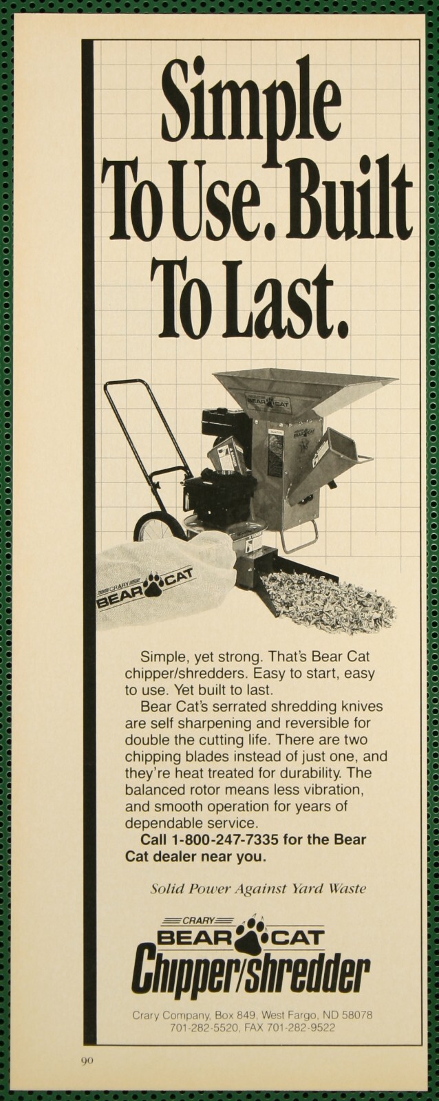Crary Bear Cat Chipper Shredder Serrated Knives West Fargo Vintage Print Ad 1993