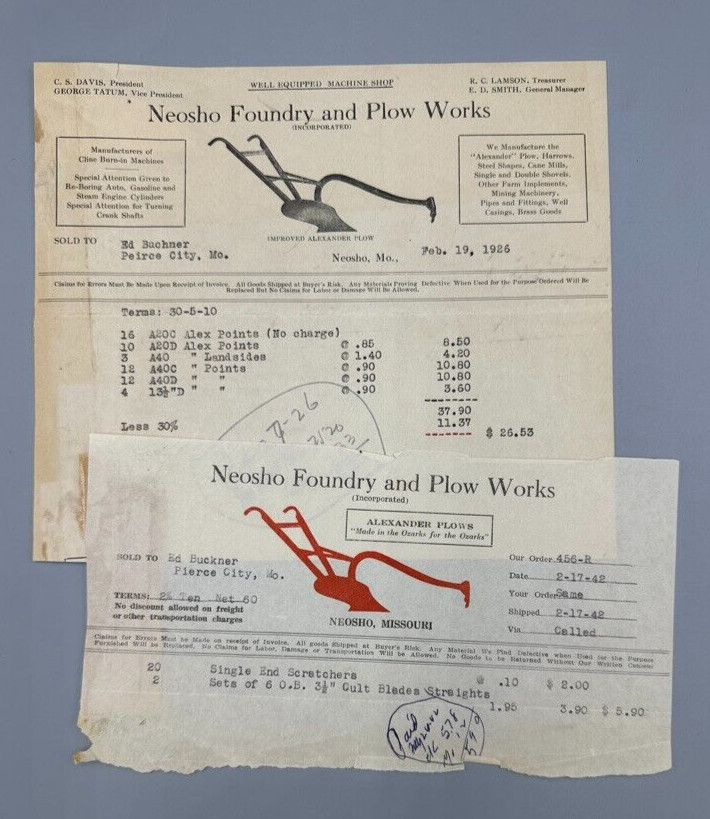 1926 & 1942 NEOSHO Foundry PLOW WORKS Farm Advertising Invoice Missouri