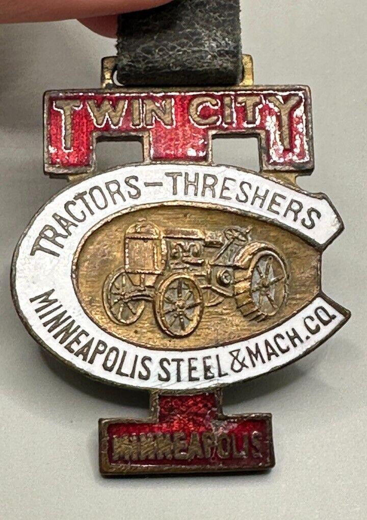 Antique TWIN CITY TRACTOR THRESHER Porcelain WATCH FOB Farm Advertising Enamel