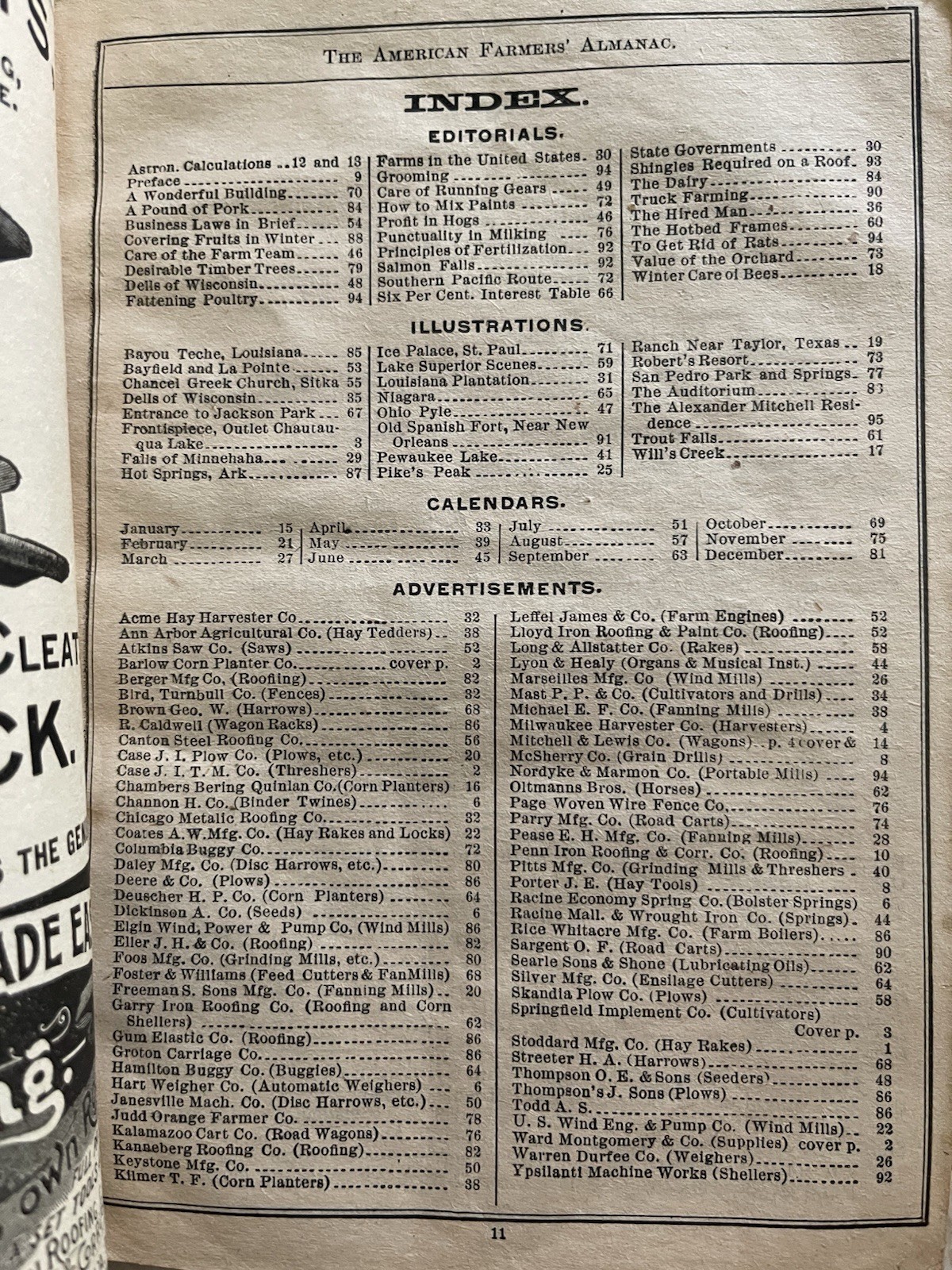 1891 American Farmers Almanac, Antique Farming Ads Barlow, Stoddard