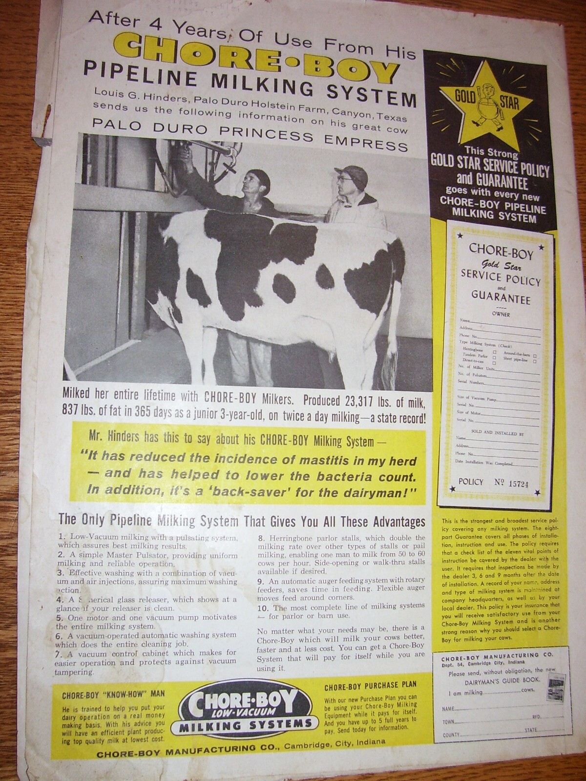 VINTAGE CHORE-BOY MFG CO ADVERTISING-PIPELINE MILKER SYSTEM -10&Prime; x 14&Prime; -1960