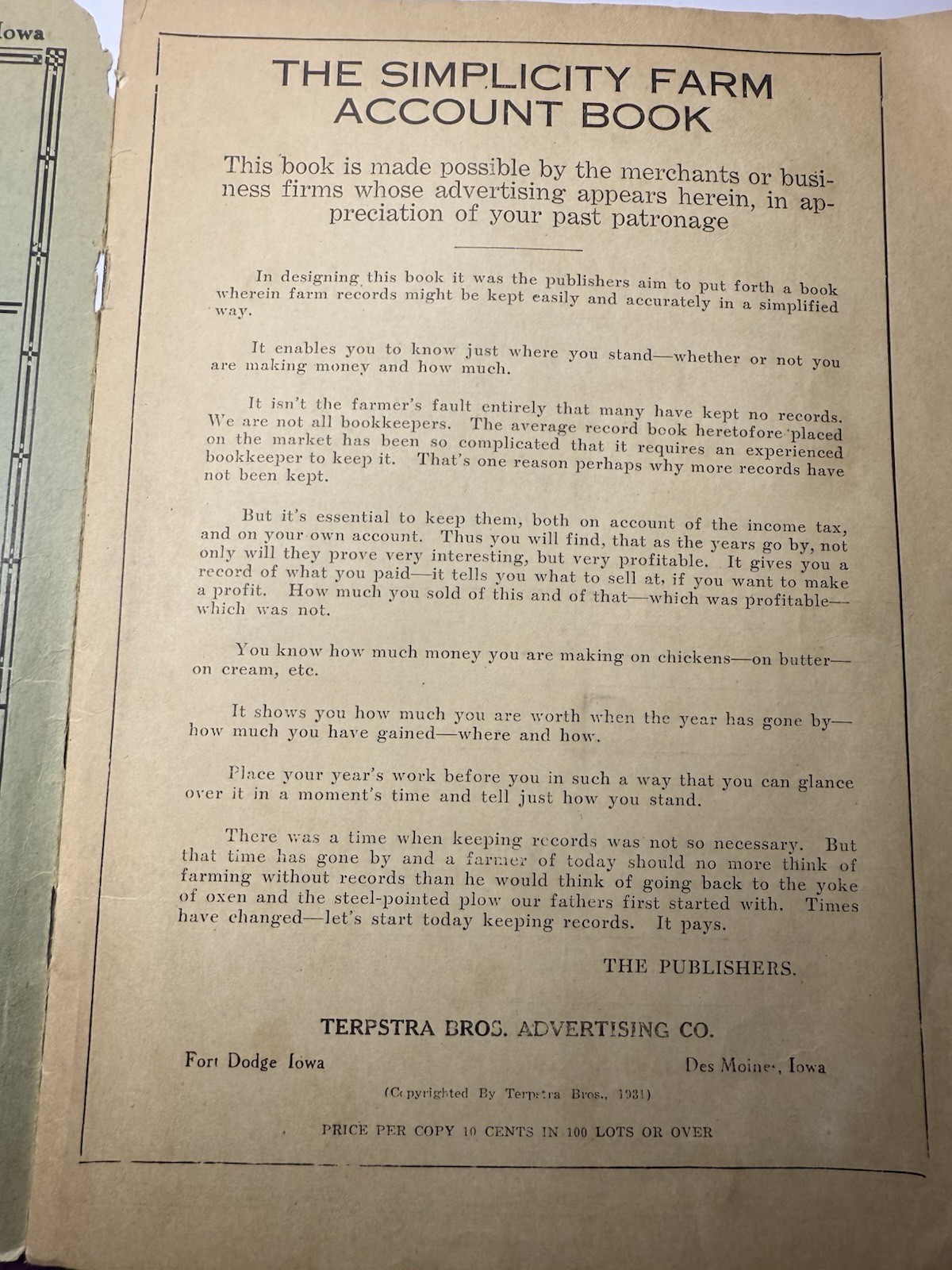 1937 Simplicity Farm Account Book Tripoli Iowa Advertisements Implement Co