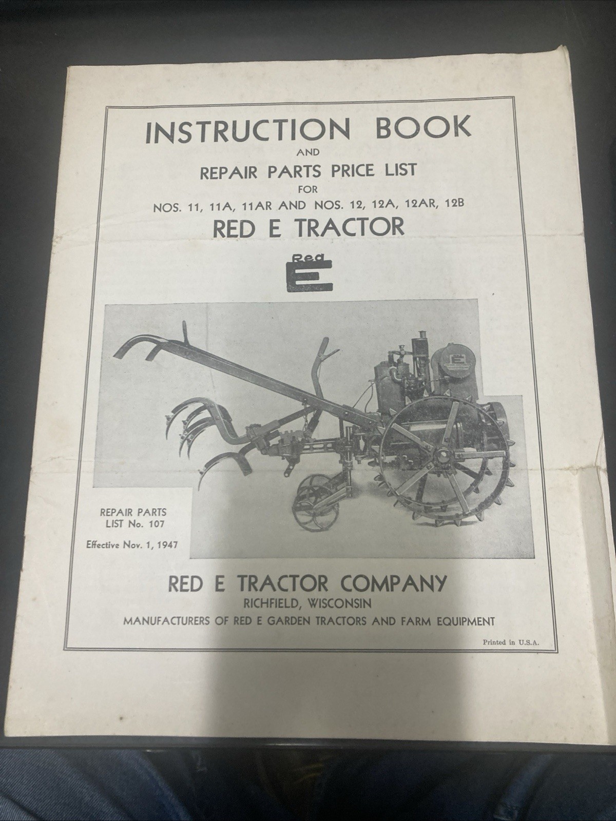 Vintage 1947 Red-E Garden Tractor Instruction Book Parts List Farm Brochure
