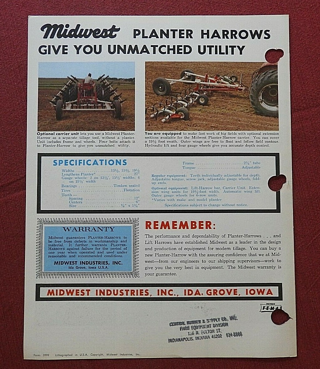 1971 PLANTER HARROW FARM IMPLEMENT BROCHURE MIDWEST IND. INC. IDA GROVE IA IOWA